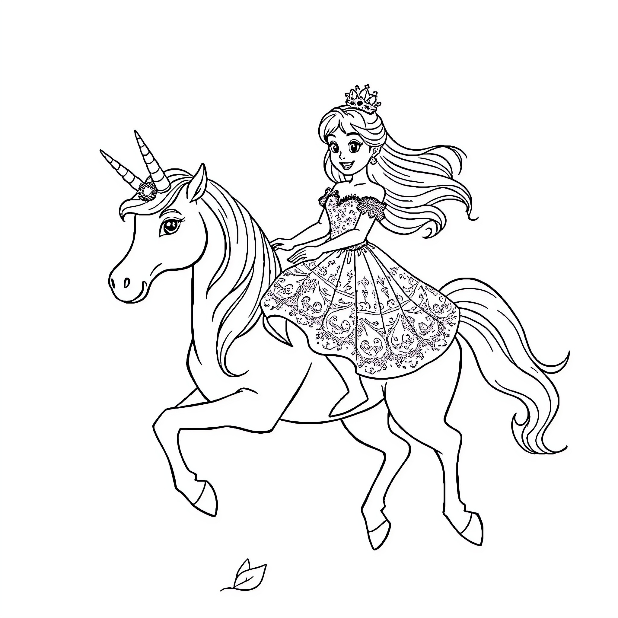 Disney Princess riding a majestic unicorn Coloring Page (free black-and-white line drawing printable PDF for all, from beginners to advanced learners, including children, teens, adults, and seniors)