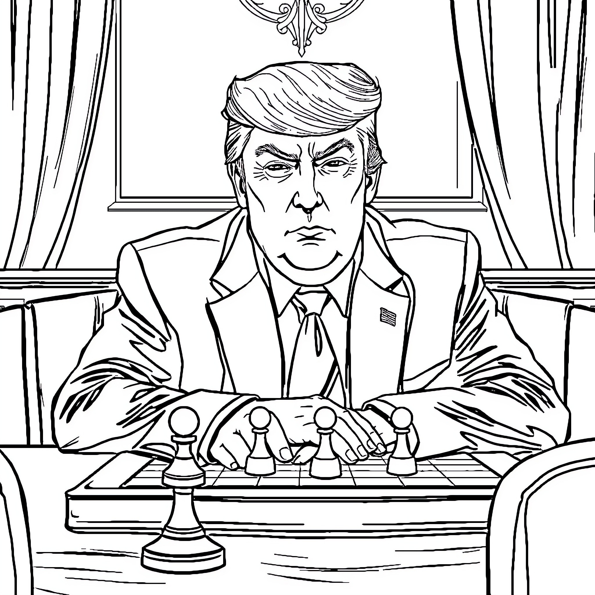 Trump Strategizing with Chess Pieces in Oval Office Coloring Page (free black-and-white line drawing printable PDF for all, from beginners to advanced learners, including children, teens, adults, and seniors)