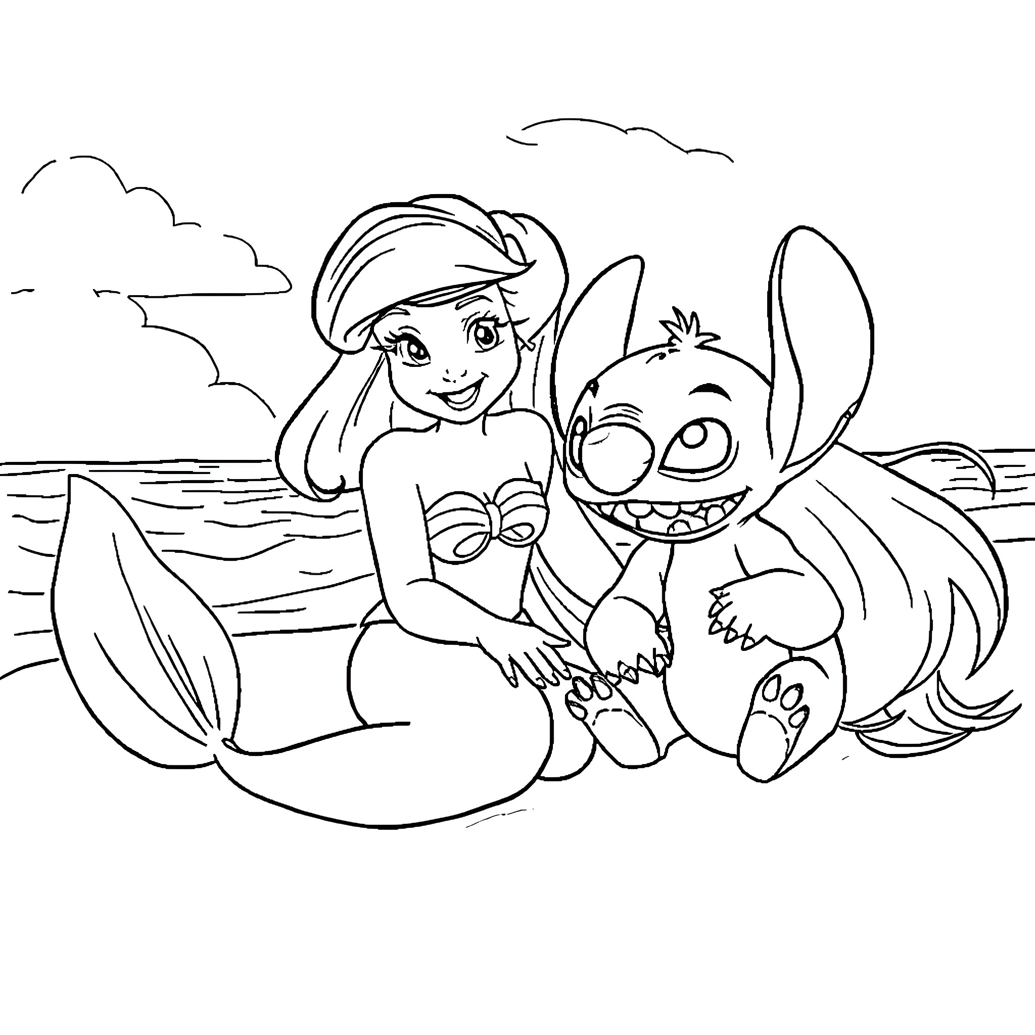 Ariel and Stitch relaxing on the beach Coloring Page (free black-and-white line drawing printable PDF for all, from beginners to advanced learners, including children, teens, adults, and seniors)