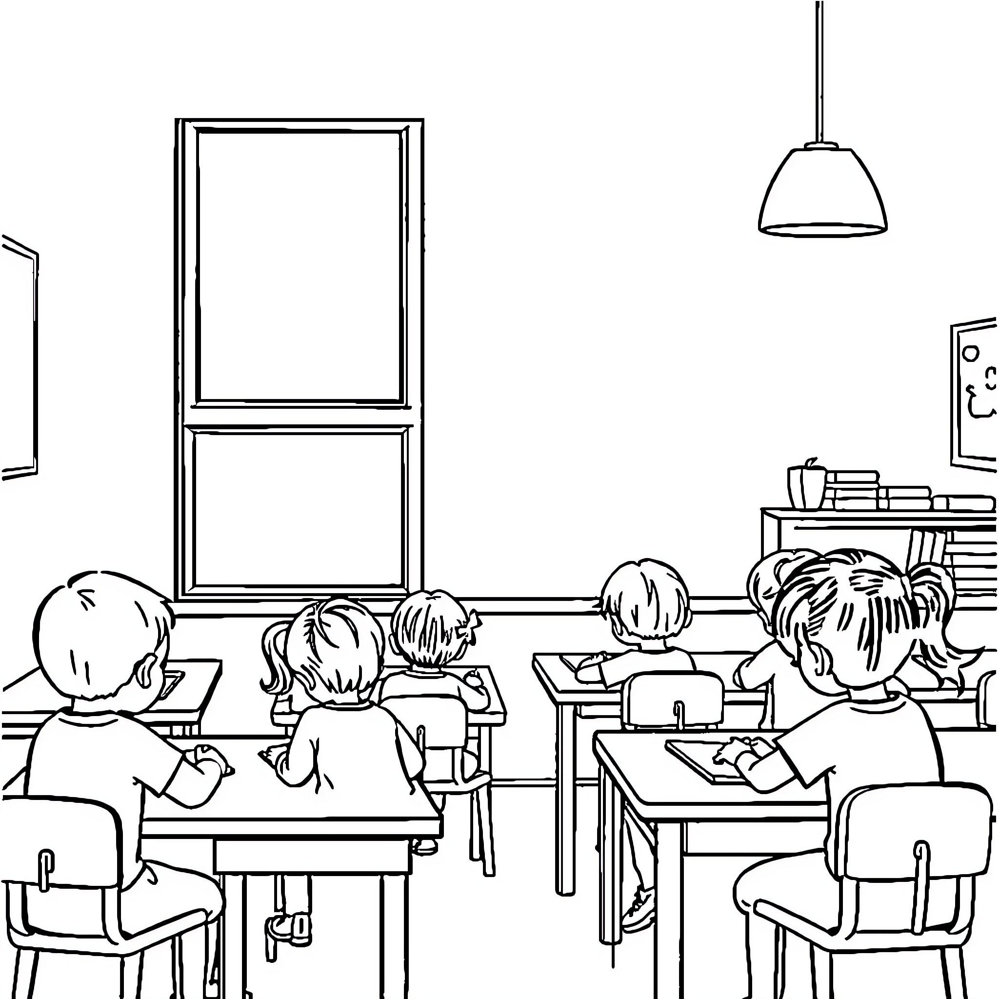 Child learning and studying in classroom Coloring Page (free black-and-white line drawing printable PDF for all, from beginners to advanced learners, including children, teens, adults, and seniors)