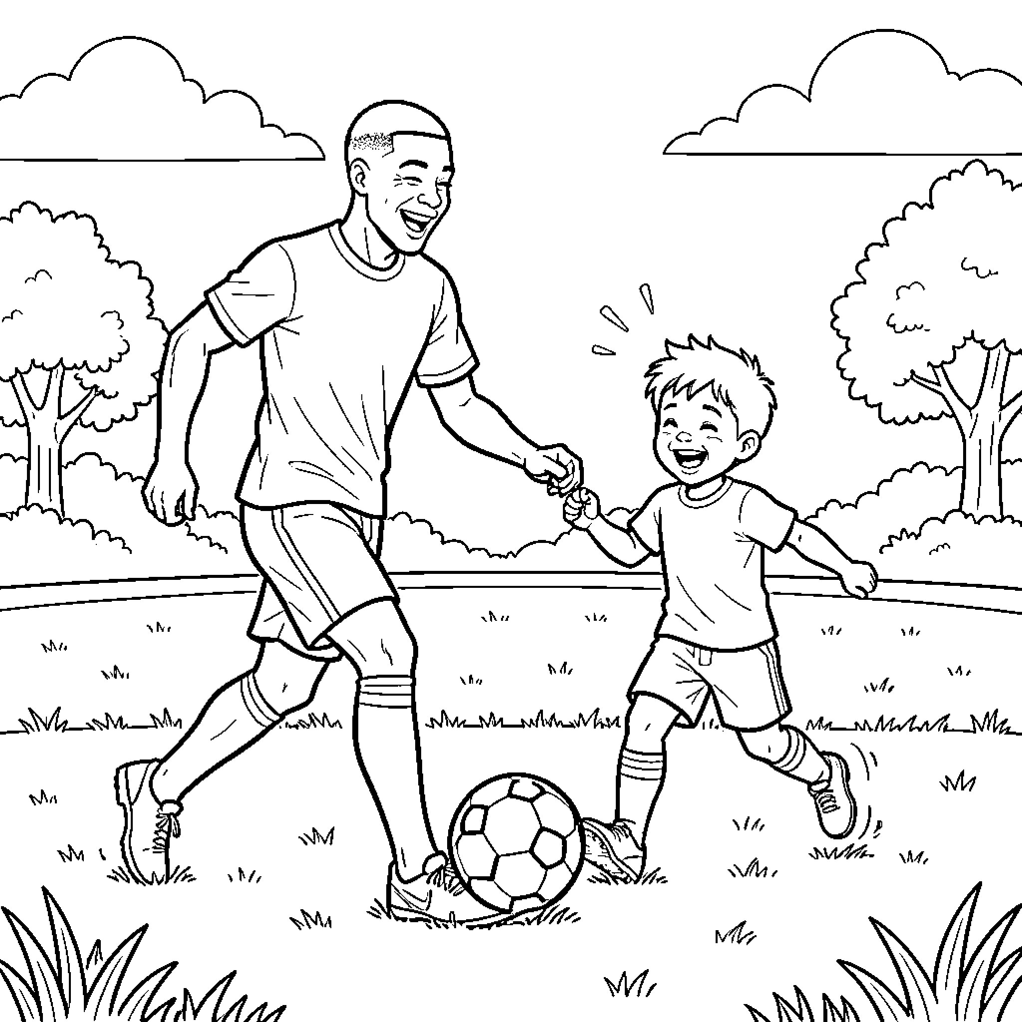 Mbappe playing soccer happily with a young boy Coloring Page (free black-and-white line drawing printable PDF for all, from beginners to advanced learners, including children, teens, adults, and seniors)