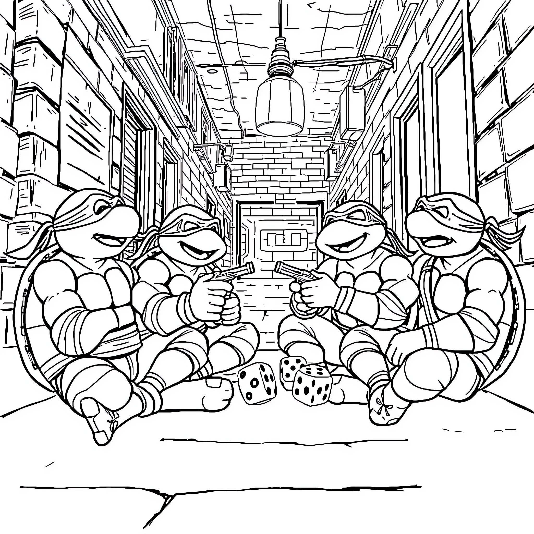Ninja Turtles Hanging Out in a Lively Alley Coloring Page (free black-and-white line drawing printable PDF for all, from beginners to advanced learners, including children, teens, adults, and seniors)