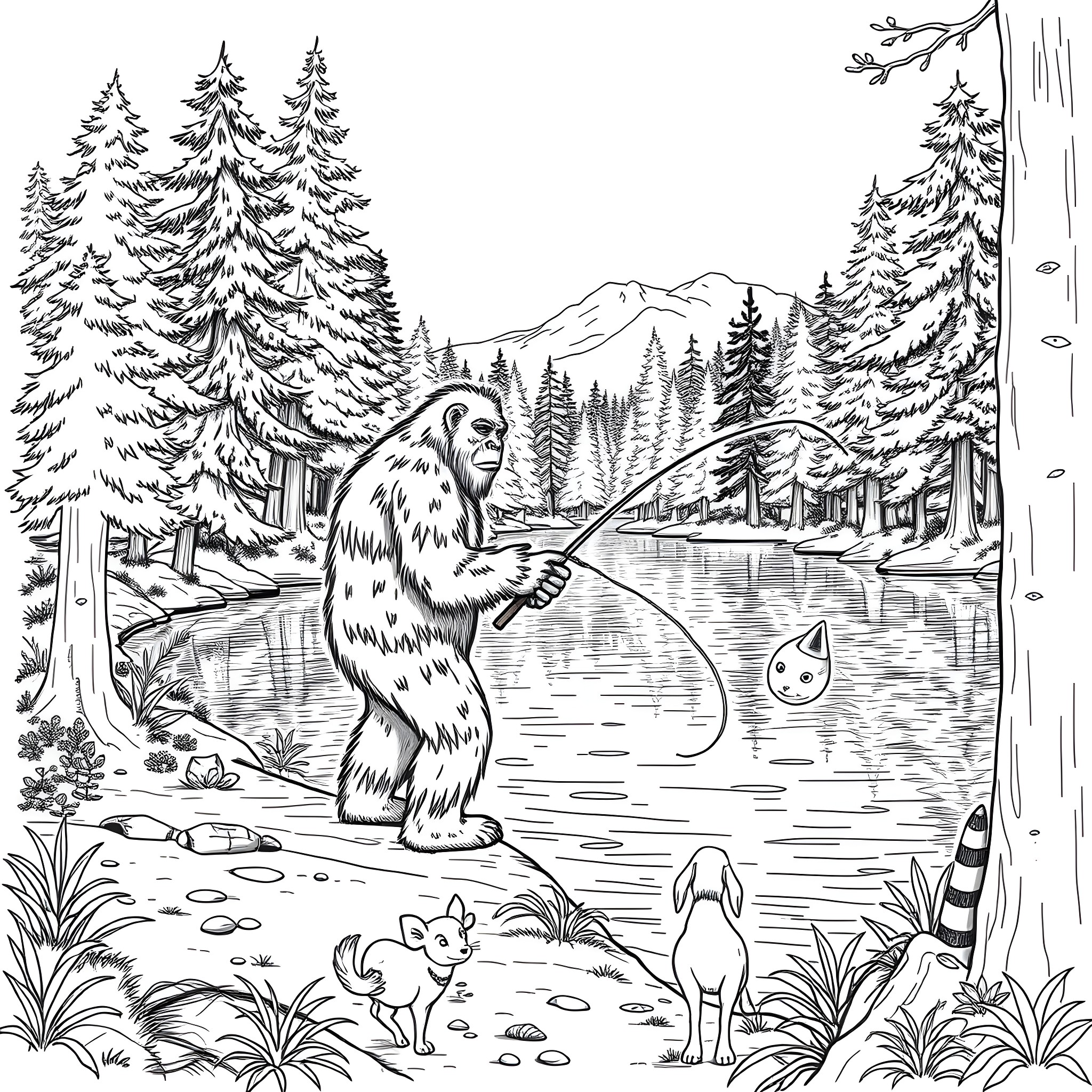 Bigfoot Fishing in the Wilderness Pond Coloring Page (free black-and-white line drawing printable PDF for all, from beginners to advanced learners, including children, teens, adults, and seniors)