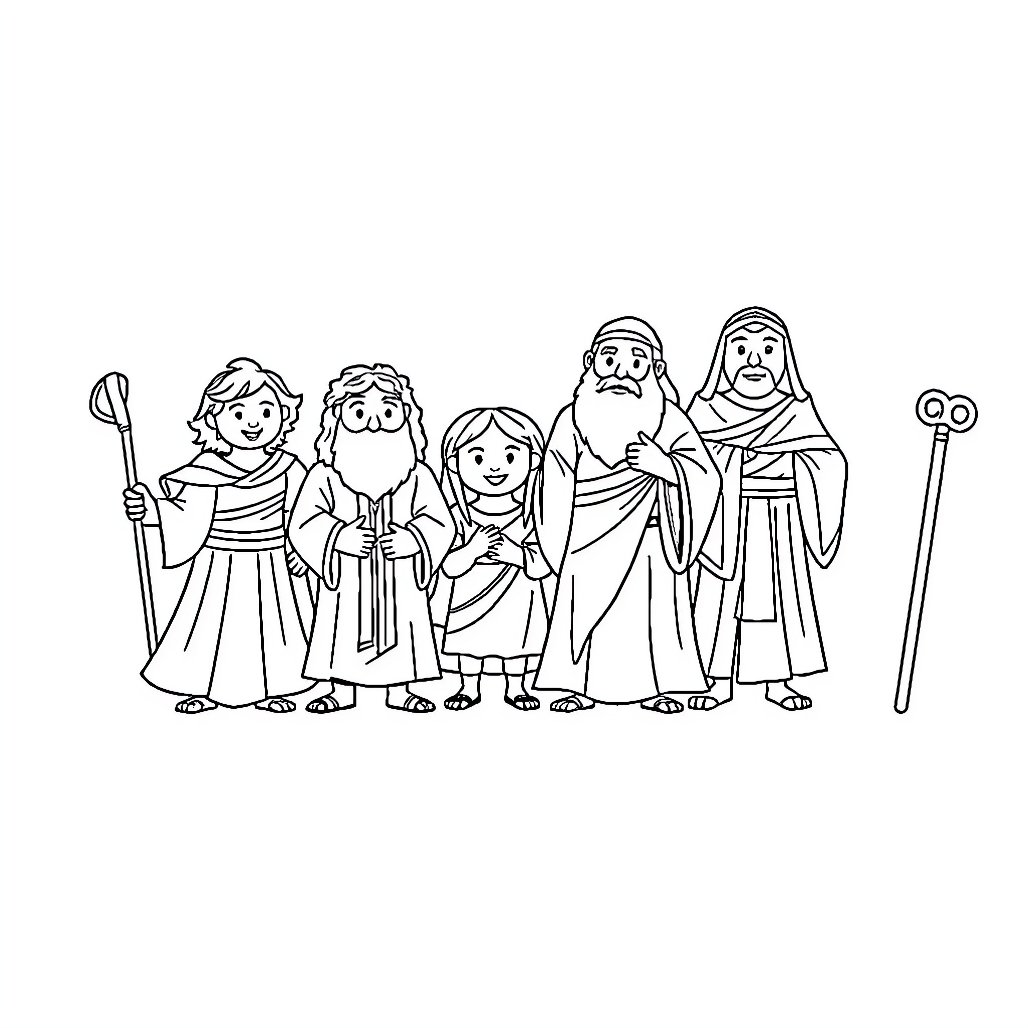 Seven Deadly Sins: Cartoon Characters in Religious Garb Coloring Page (free black-and-white line drawing printable PDF for all, from beginners to advanced learners, including children, teens, adults, and seniors)