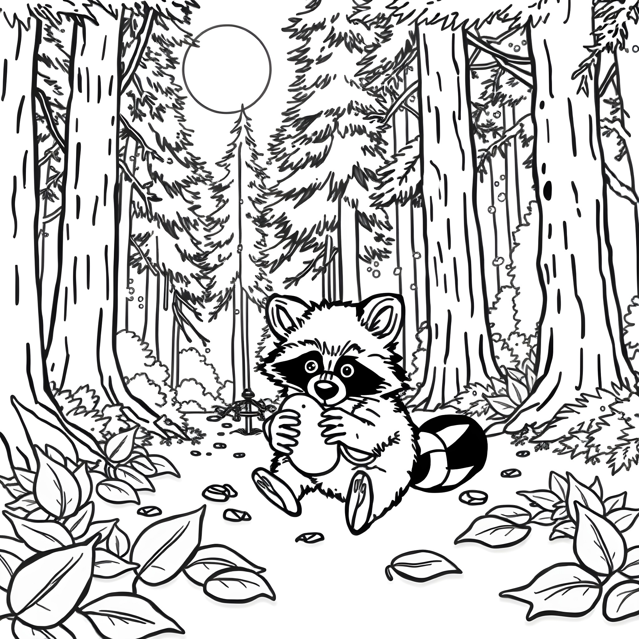 Raccoon exploring the enchanting forest Coloring Page (free black-and-white line drawing printable PDF for all, from beginners to advanced learners, including children, teens, adults, and seniors)