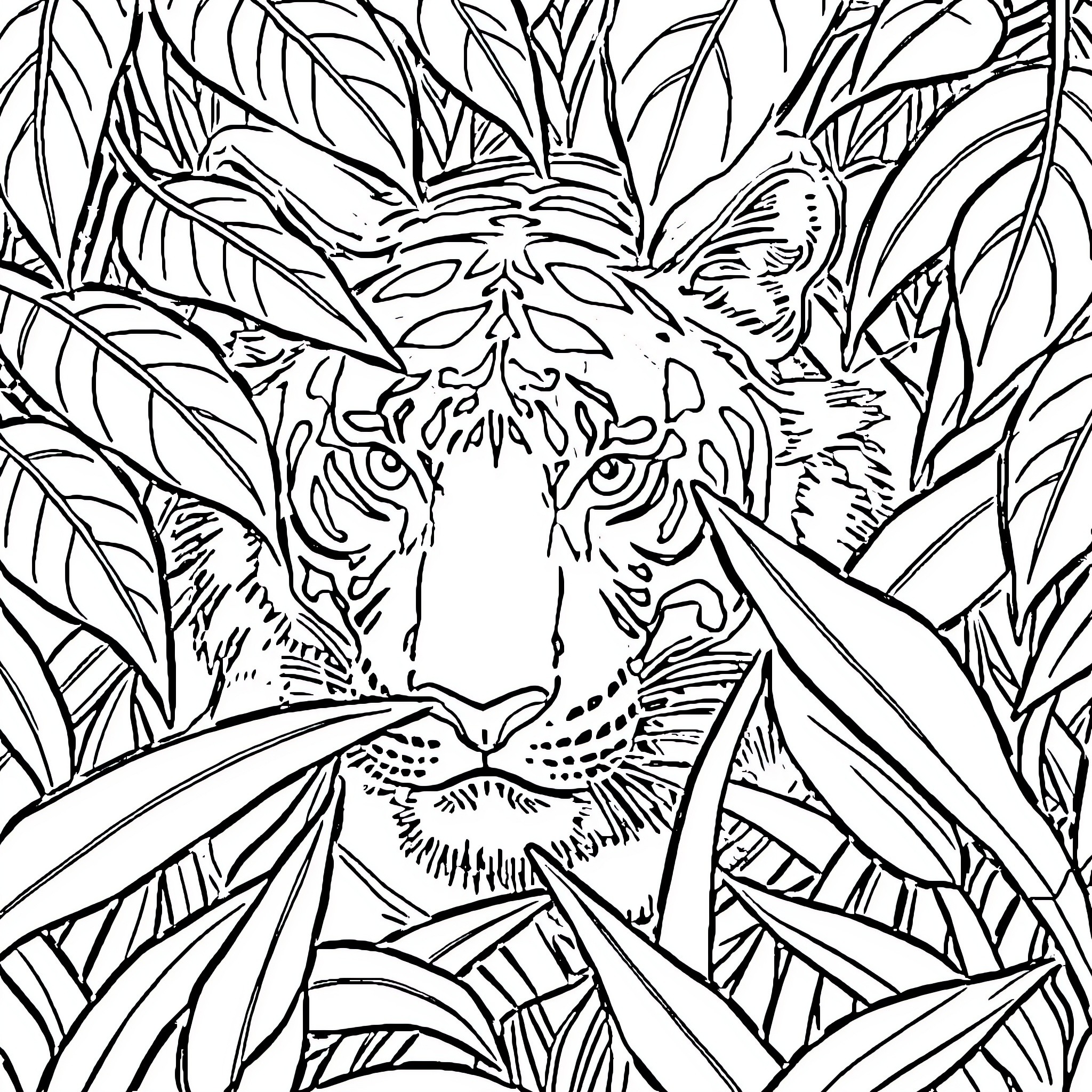 Tiger's Fierce Gaze in Lush Foliage Coloring Page (free black-and-white line drawing printable PDF for all, from beginners to advanced learners, including children, teens, adults, and seniors)