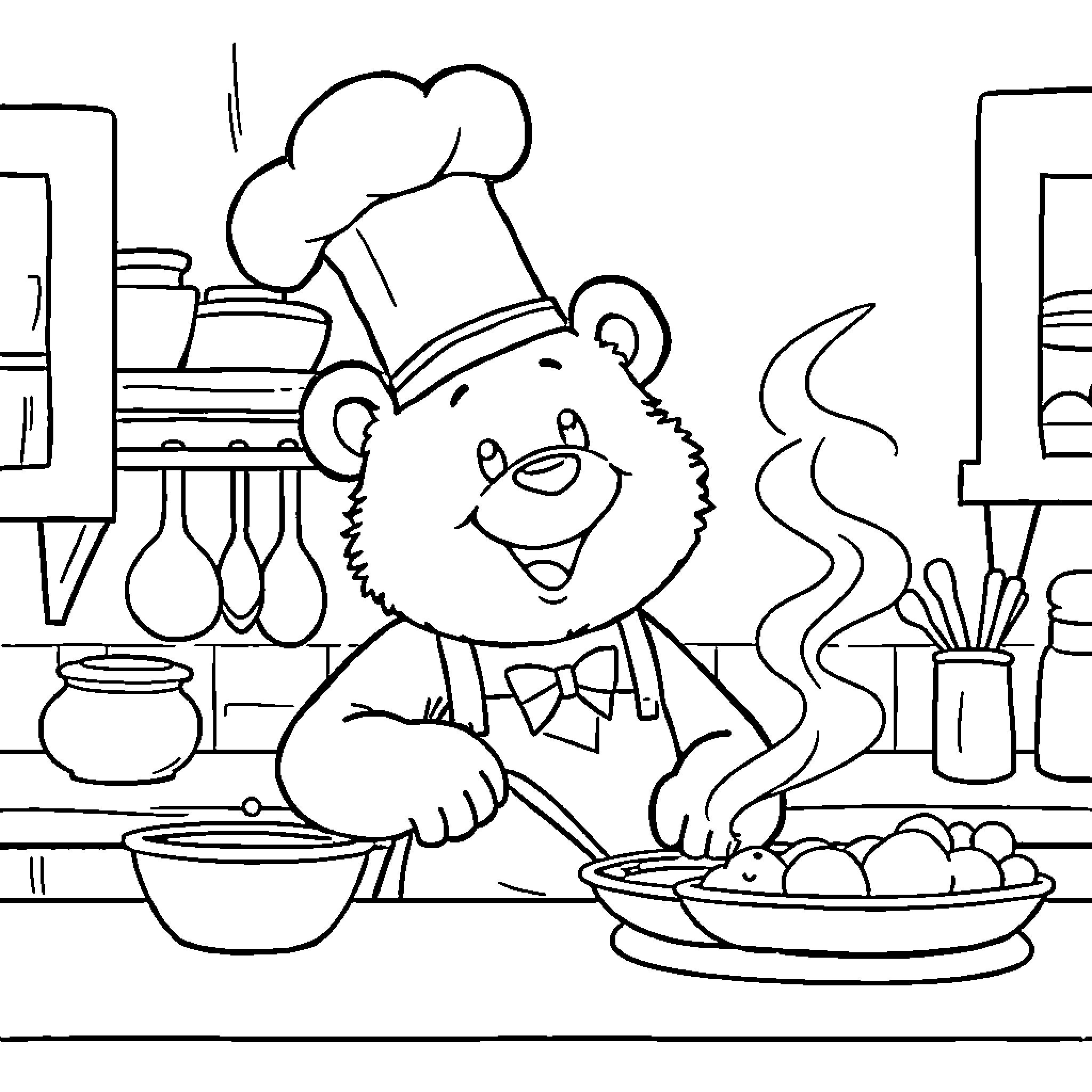 Bear chef cooking in the kitchen Coloring Page (free black-and-white line drawing printable PDF for all, from beginners to advanced learners, including children, teens, adults, and seniors)