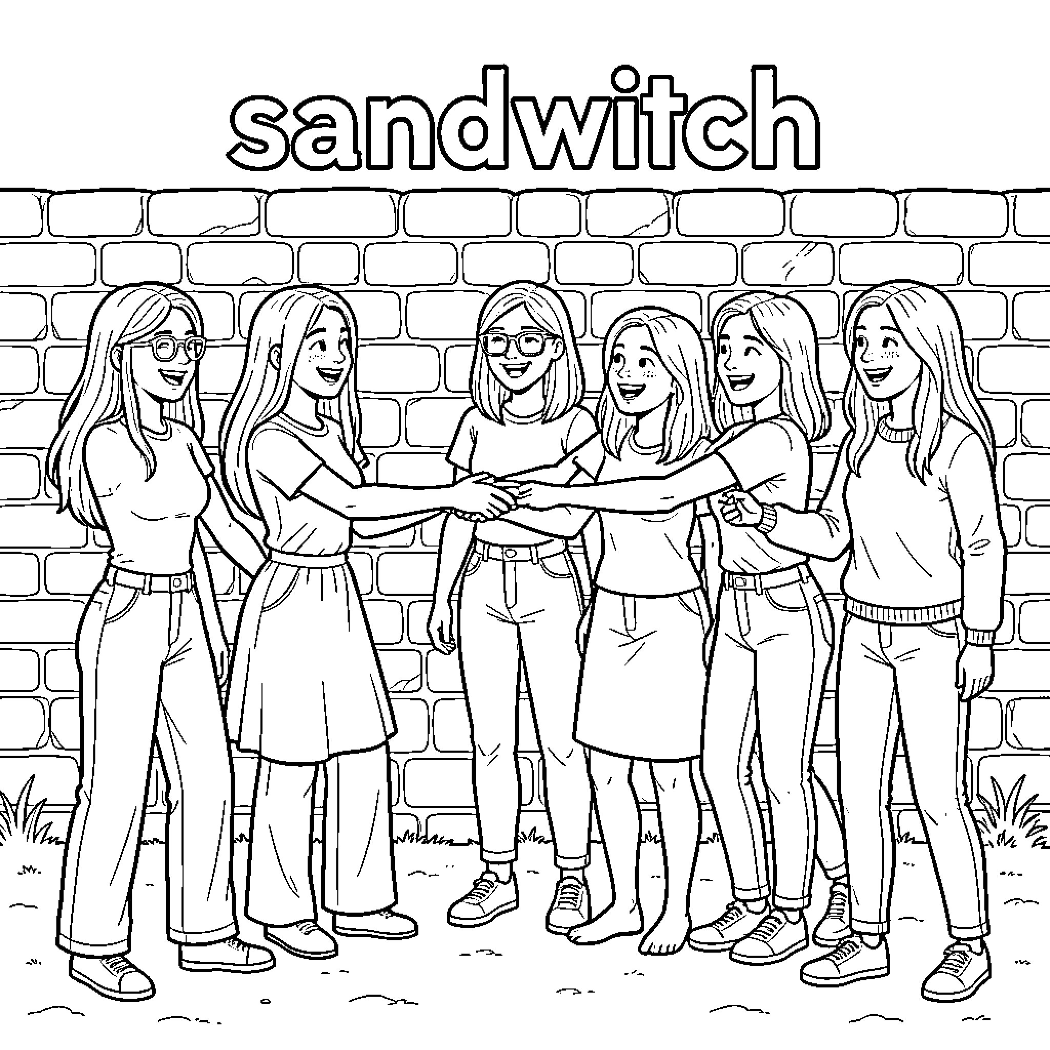 Fille friends having a good time together Coloring Page (free black-and-white line drawing printable PDF for all, from beginners to advanced learners, including children, teens, adults, and seniors)