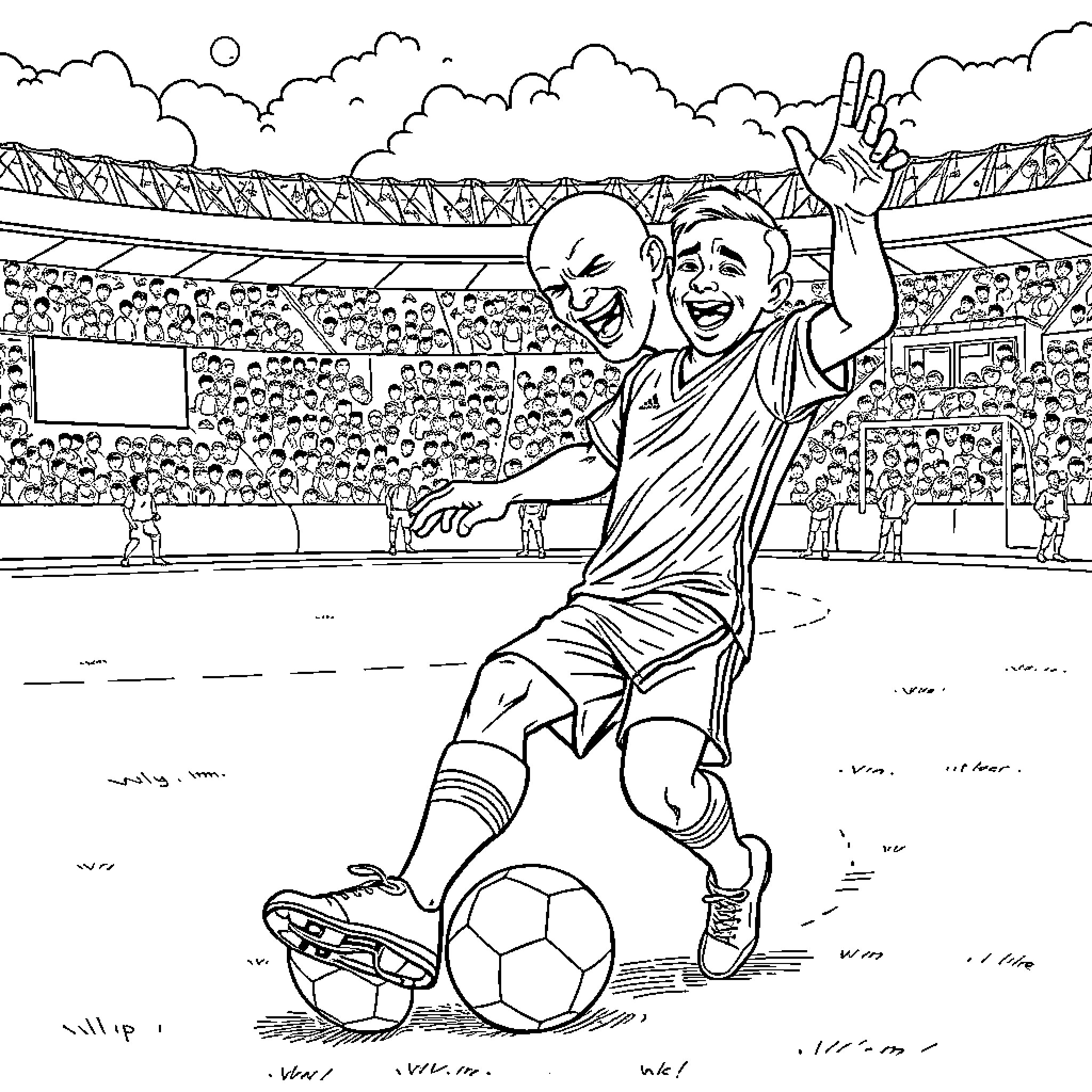 Dad Celebrating Soccer Victory in Stadium Coloring Page (free black-and-white line drawing printable PDF for all, from beginners to advanced learners, including children, teens, adults, and seniors)