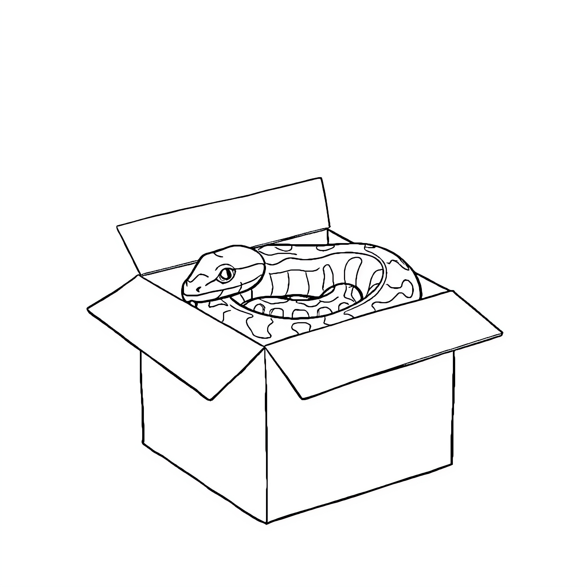 Snake exploring a cardboard box Coloring Page (free black-and-white line drawing printable PDF for all, from beginners to advanced learners, including children, teens, adults, and seniors)