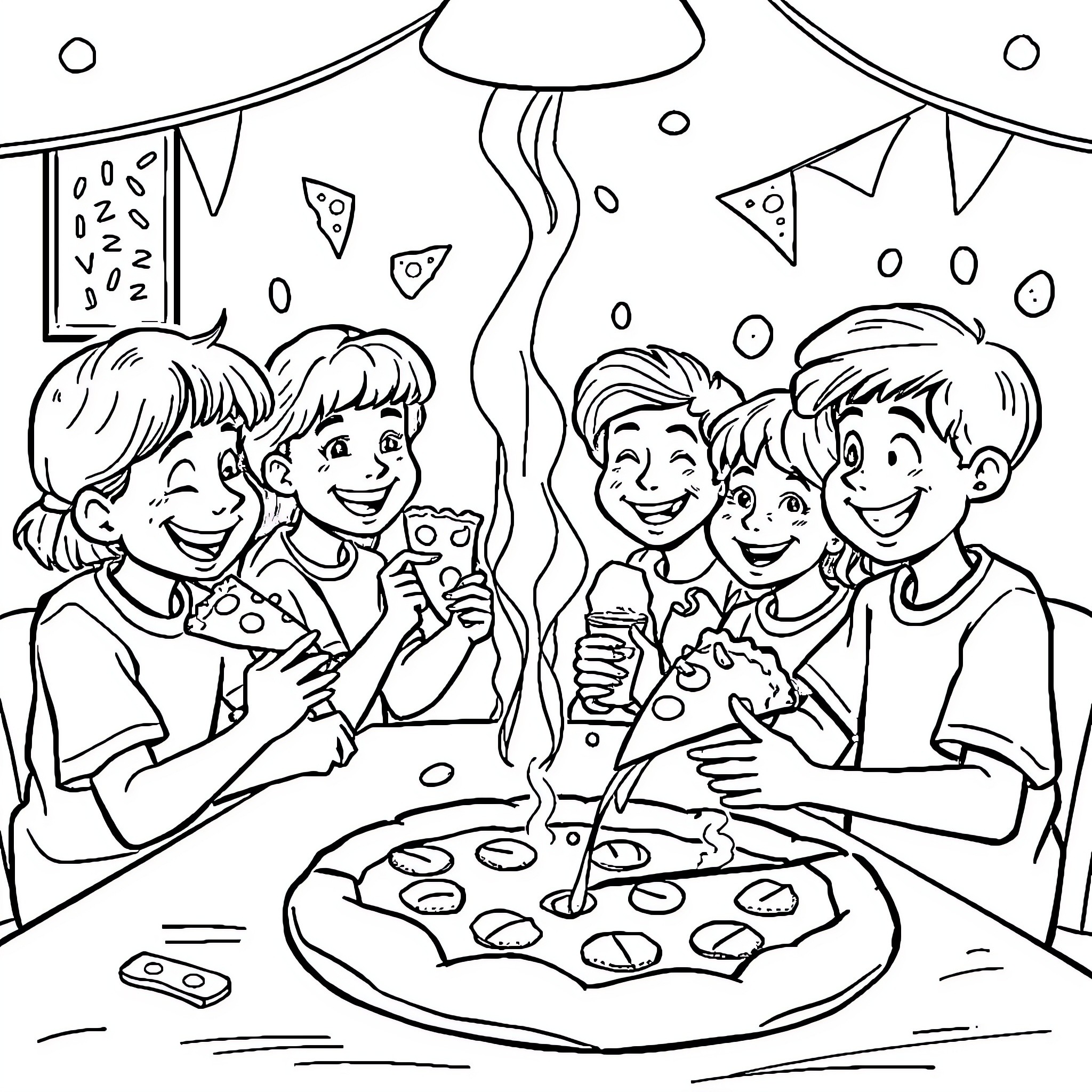 Pizza Party with Smiling Kids Coloring Page (free black-and-white line drawing printable PDF for all, from beginners to advanced learners, including children, teens, adults, and seniors)