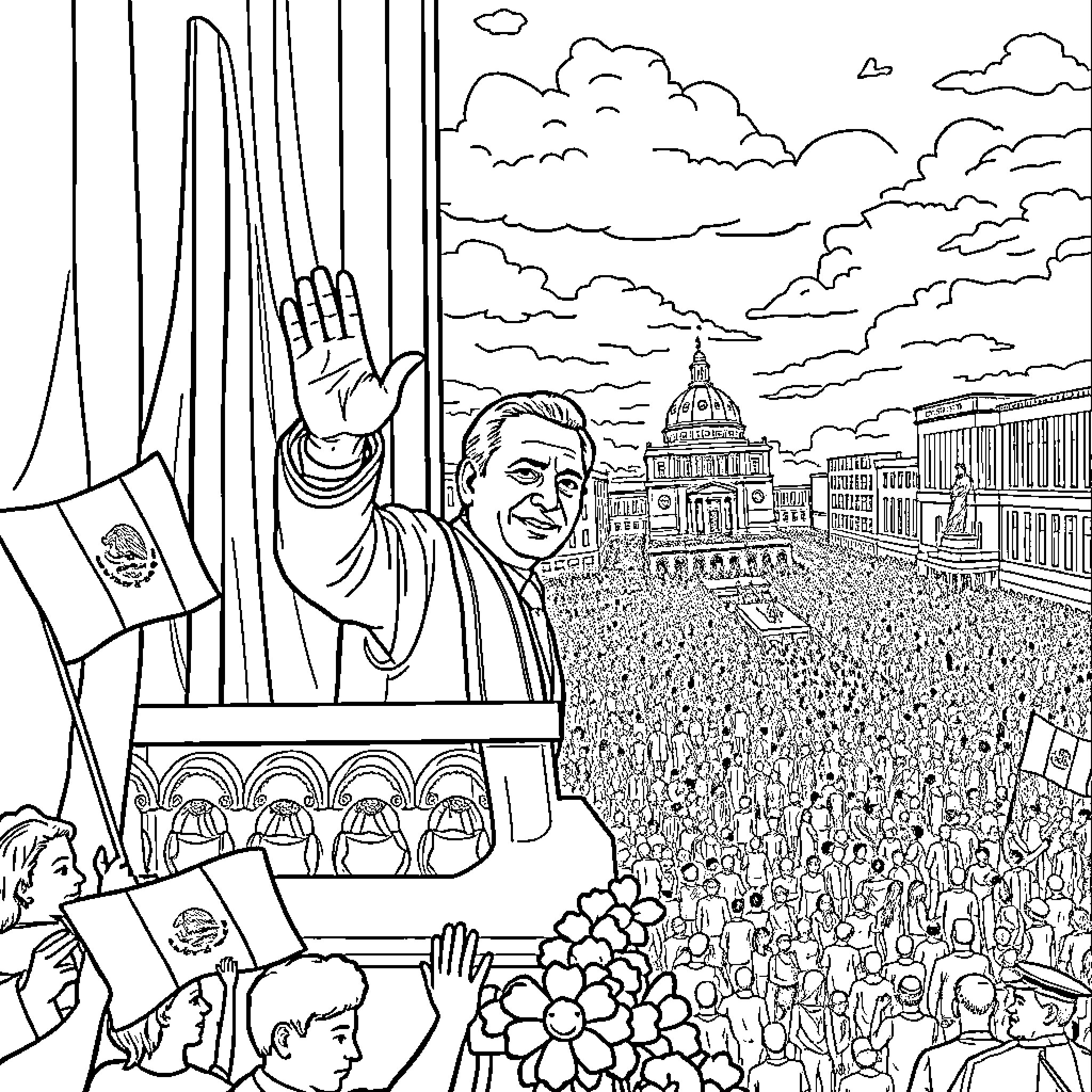 AMLO Addressing a Crowd at a Political Rally Coloring Page (free black-and-white line drawing printable PDF for all, from beginners to advanced learners, including children, teens, adults, and seniors)