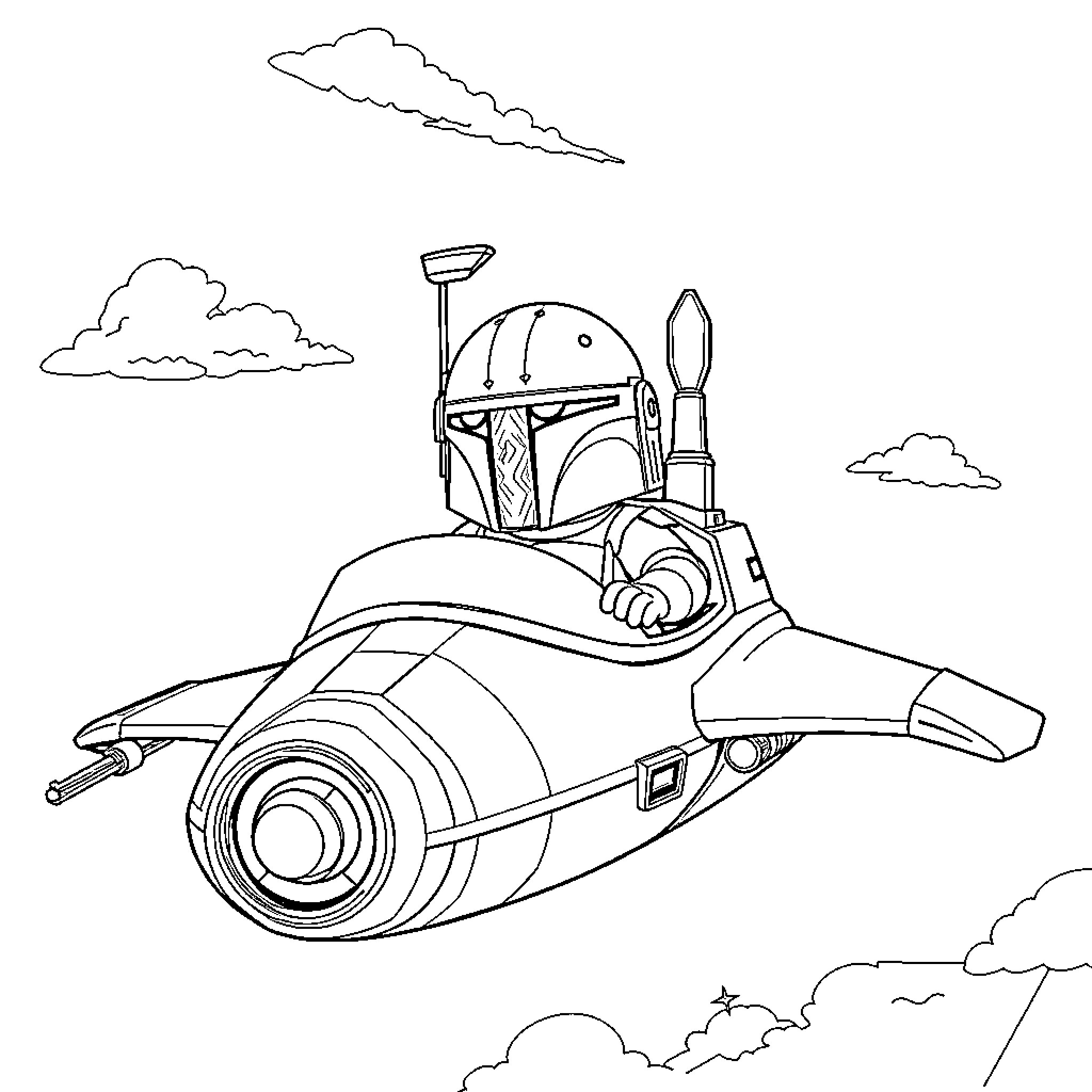 Grogu riding a speeder in the sky Coloring Page (free black-and-white line drawing printable PDF for all, from beginners to advanced learners, including children, teens, adults, and seniors)