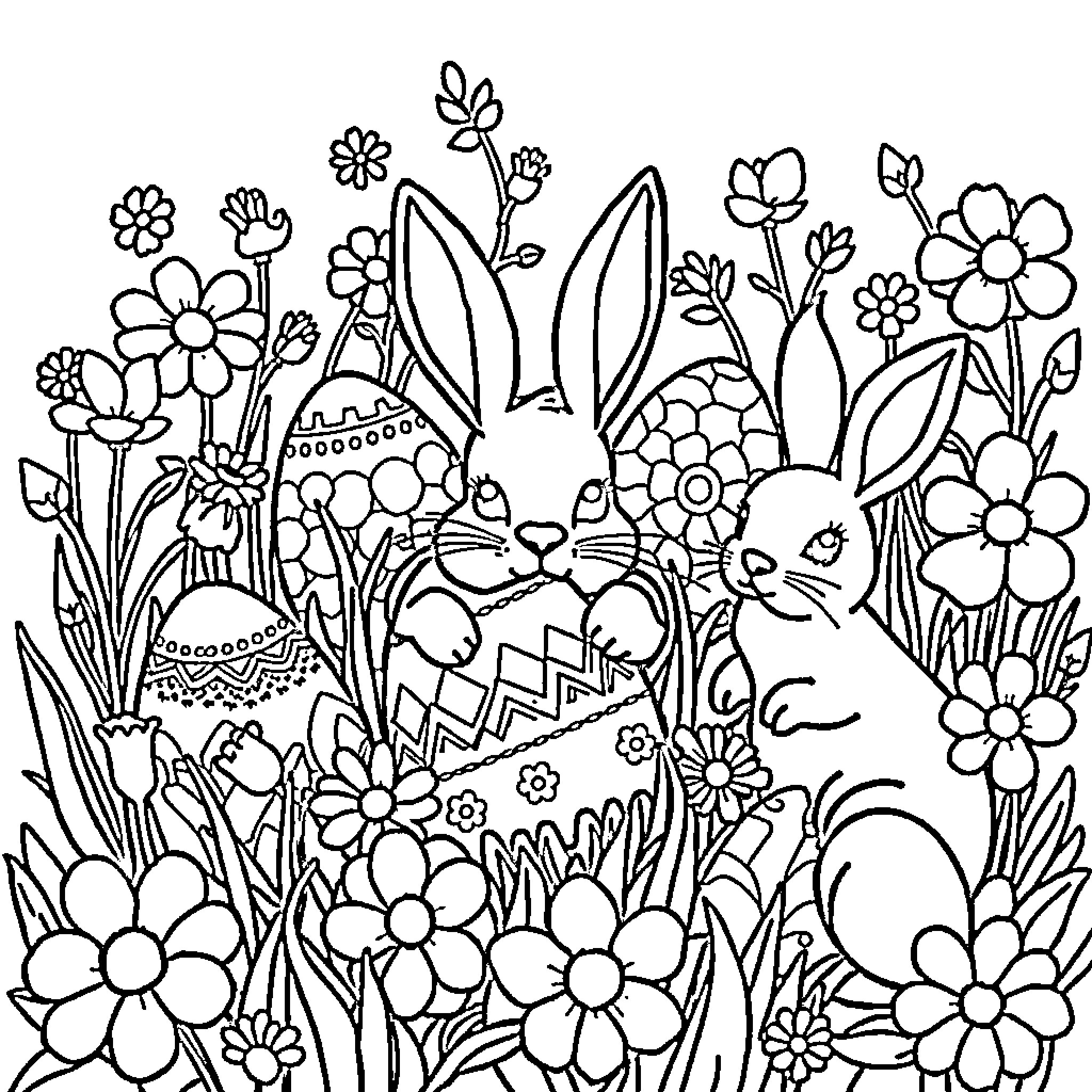 Easter Bunnies Surrounded by Blooming Flowers Coloring Page (free black-and-white line drawing printable PDF for all, from beginners to advanced learners, including children, teens, adults, and seniors)