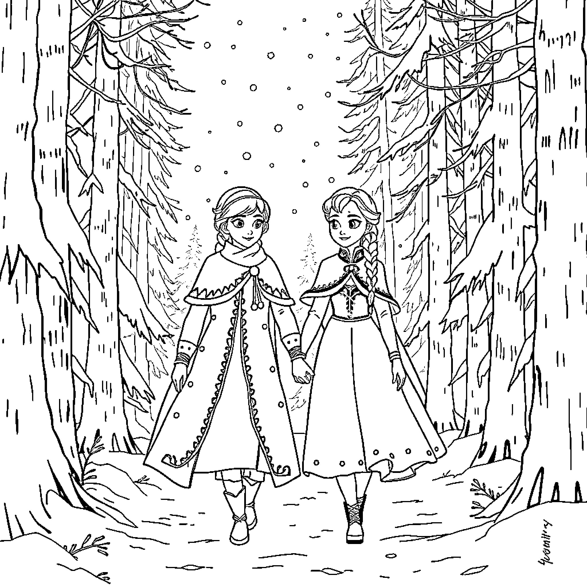 Anna and Elsa exploring the winter wonderland Coloring Page (free black-and-white line drawing printable PDF for all, from beginners to advanced learners, including children, teens, adults, and seniors)