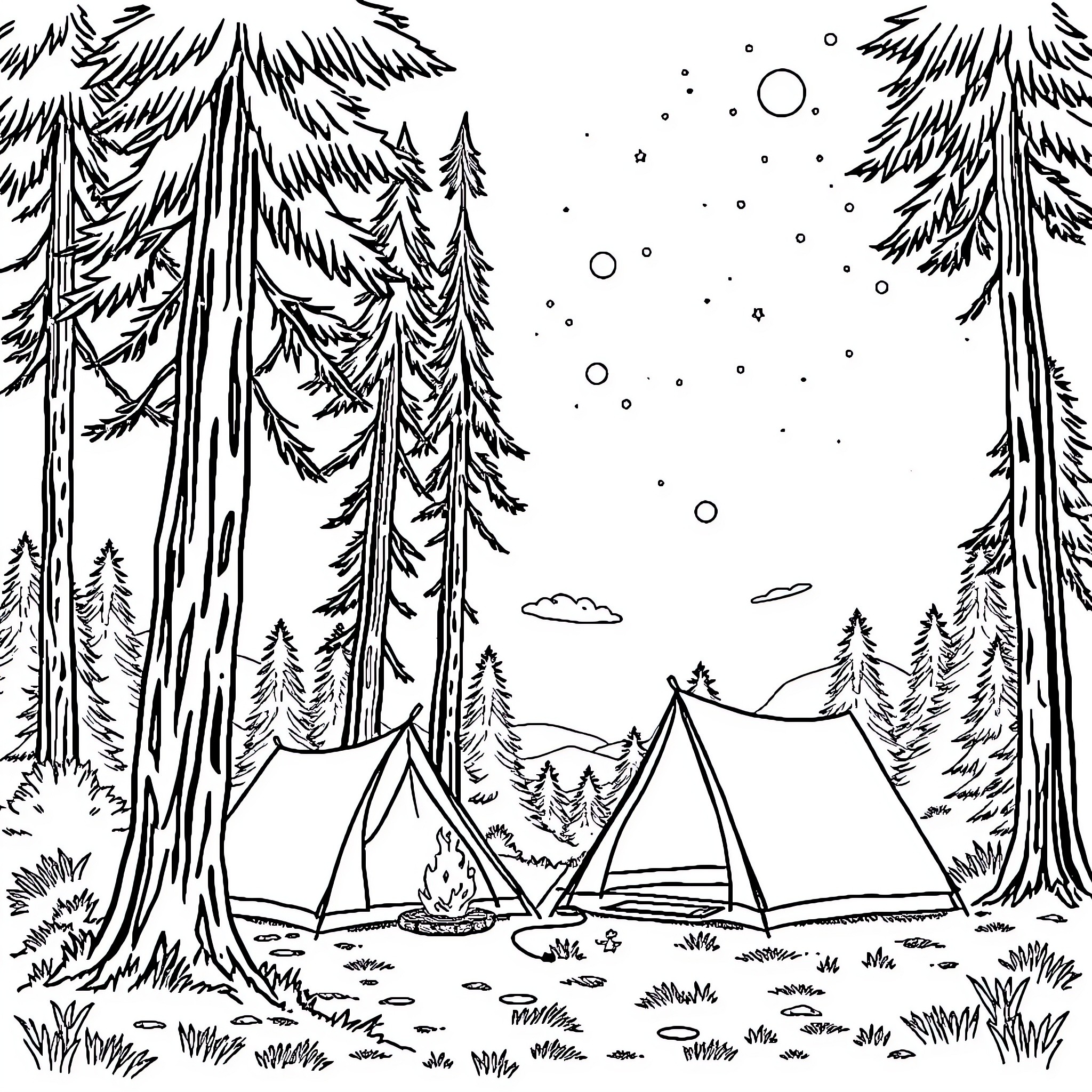 Camping under the starry night in the woods Coloring Page (free black-and-white line drawing printable PDF for all, from beginners to advanced learners, including children, teens, adults, and seniors)