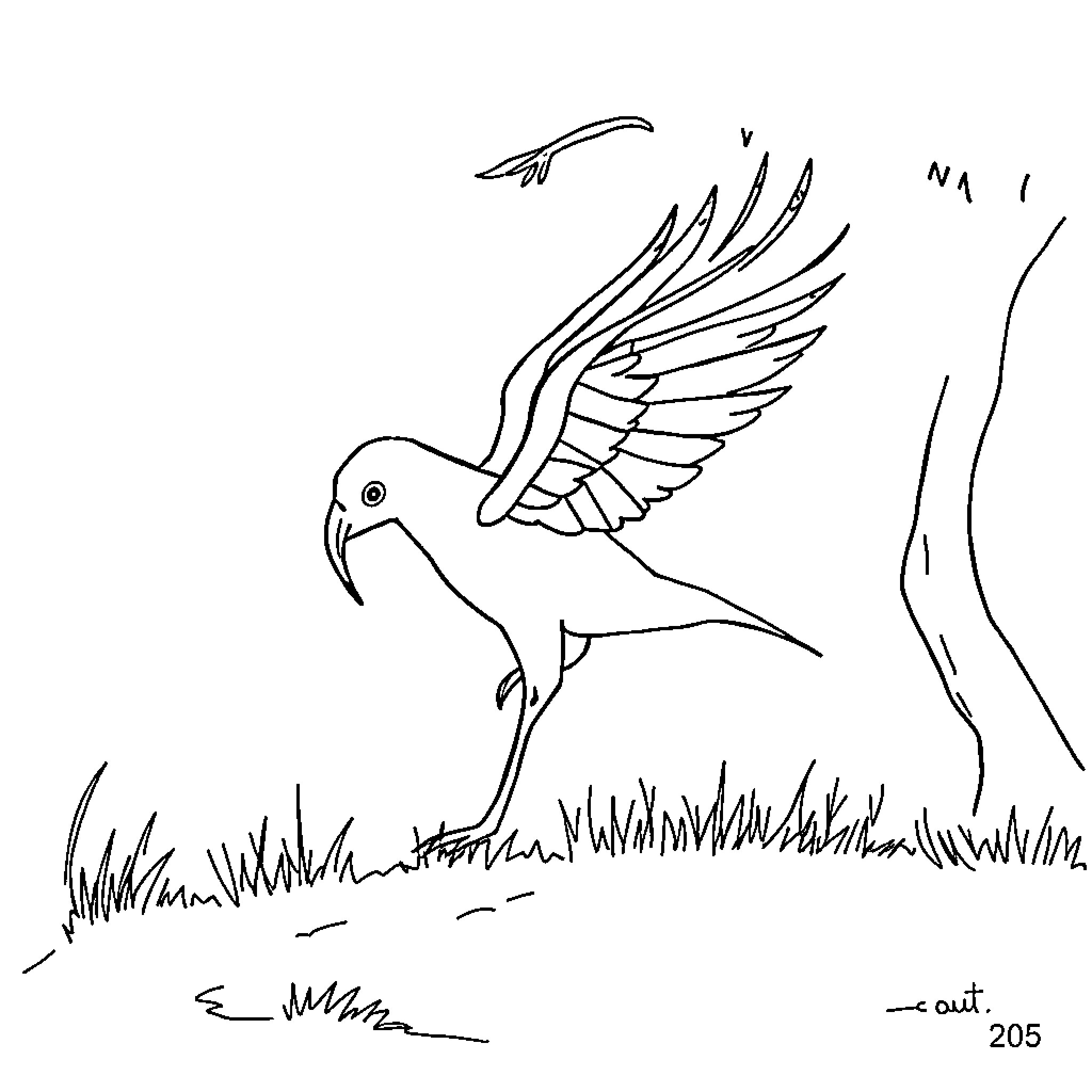 Evaluation of a bird in flight with grass Coloring Page (free black-and-white line drawing printable PDF for all, from beginners to advanced learners, including children, teens, adults, and seniors)