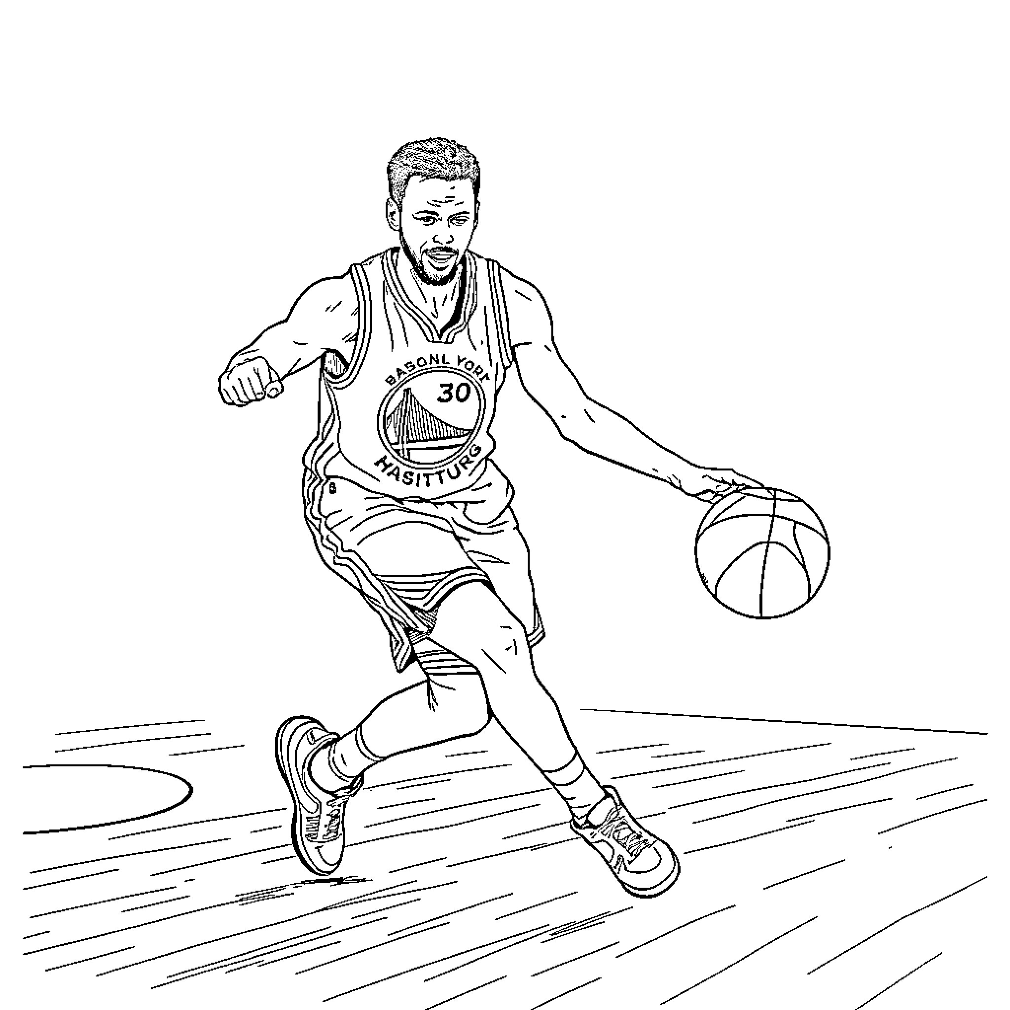 Stephen Curry Dribbling Basketball on Court Coloring Page (free black-and-white line drawing printable PDF for all, from beginners to advanced learners, including children, teens, adults, and seniors)