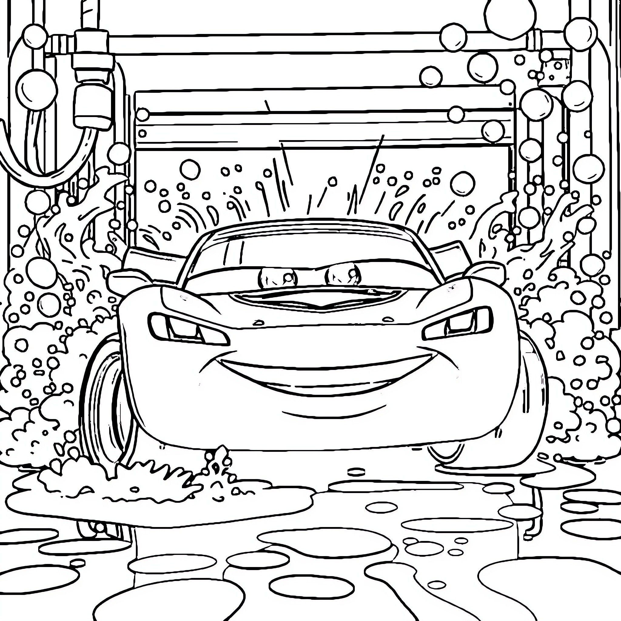McQueen racing through a splashy water scene Coloring Page (free black-and-white line drawing printable PDF for all, from beginners to advanced learners, including children, teens, adults, and seniors)