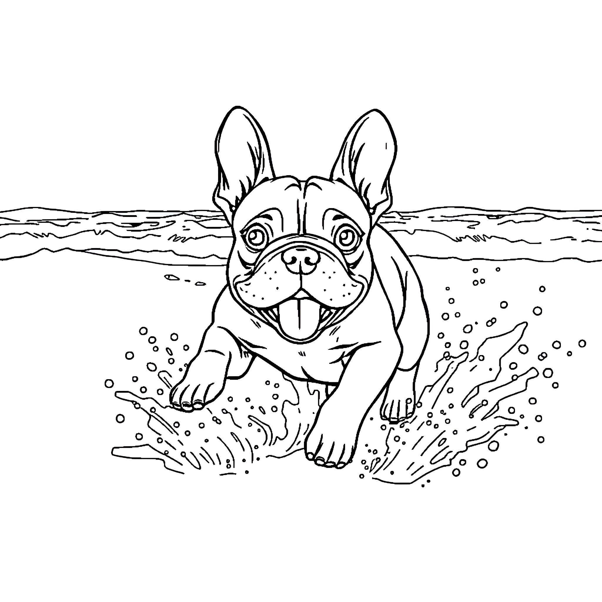 Bulldog playing joyfully in the water Coloring Page (free black-and-white line drawing printable PDF for all, from beginners to advanced learners, including children, teens, adults, and seniors)