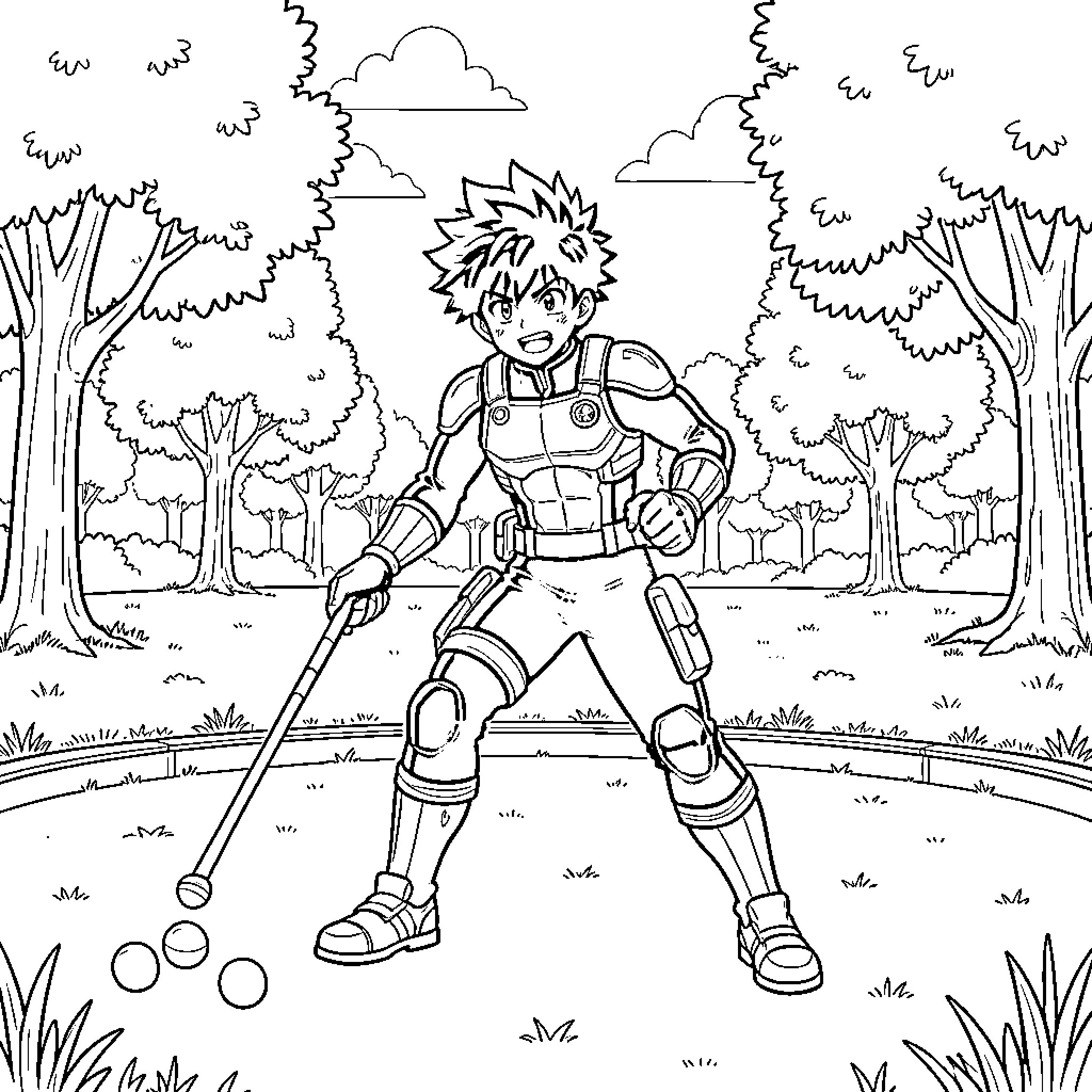 Hero in Action: Brave Warrior Battles in the Forest Coloring Page (free black-and-white line drawing printable PDF for all, from beginners to advanced learners, including children, teens, adults, and seniors)