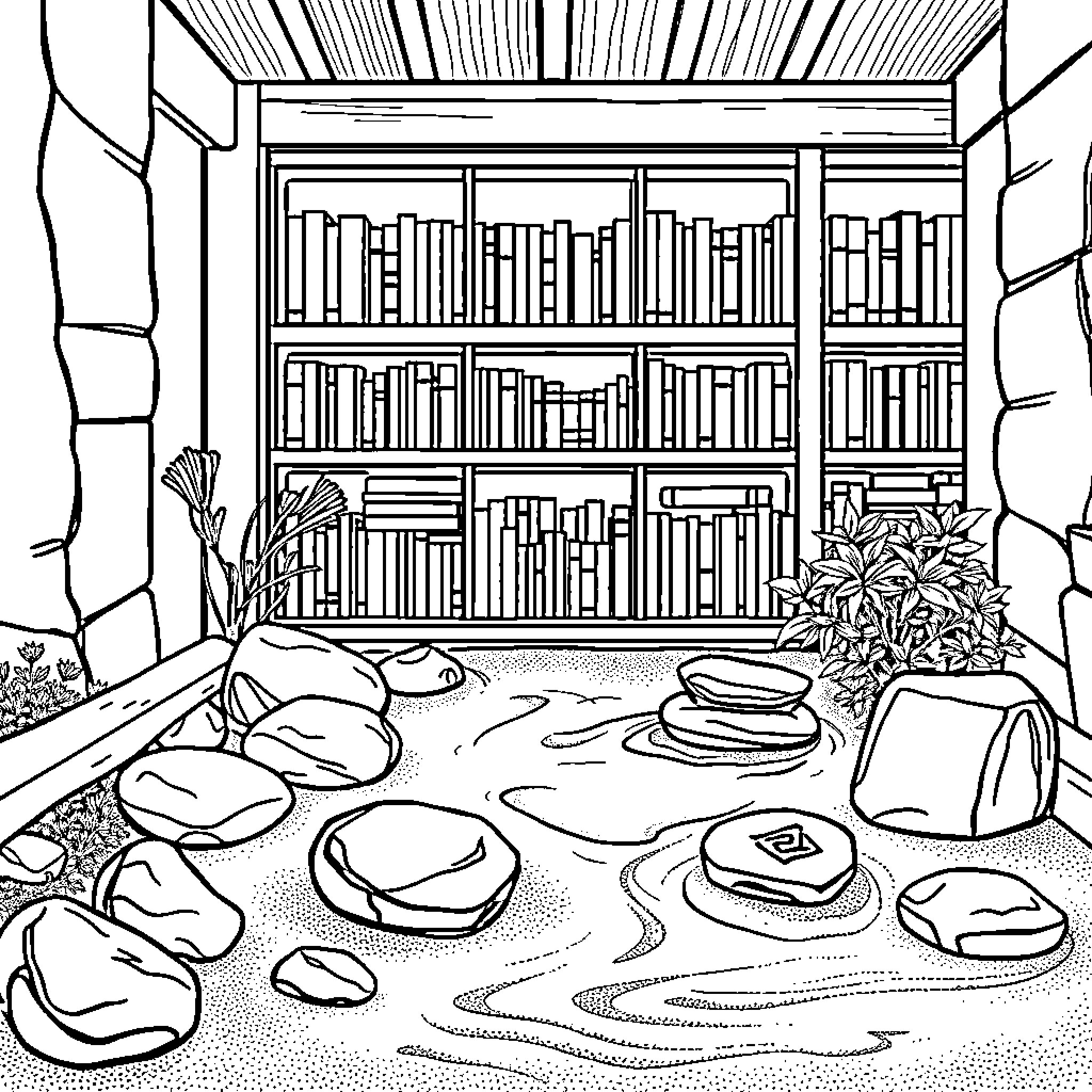 Zen Garden with Peaceful Meditation Stones Coloring Page (free black-and-white line drawing printable PDF for all, from beginners to advanced learners, including children, teens, adults, and seniors)