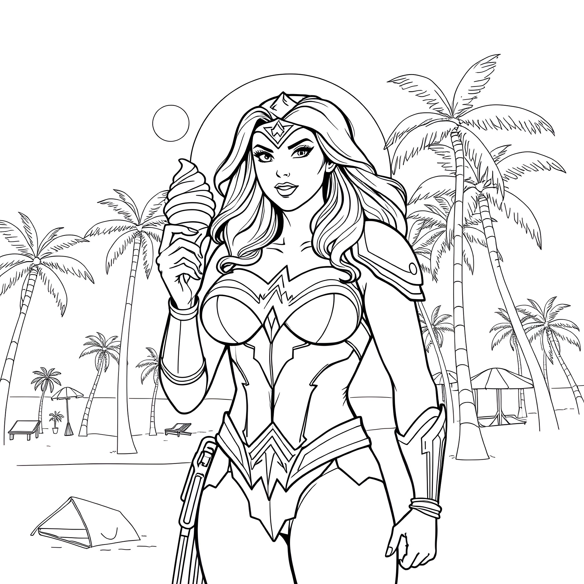 Wonder Woman on a tropical beach adventure Coloring Page (free black-and-white line drawing printable PDF for all, from beginners to advanced learners, including children, teens, adults, and seniors)