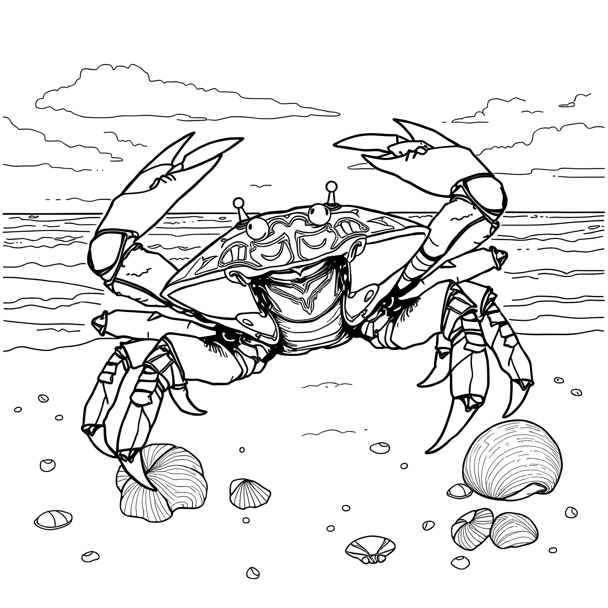 King Crab exploring the underwater seascape Coloring Page (free black-and-white line drawing printable PDF for all, from beginners to advanced learners, including children, teens, adults, and seniors)