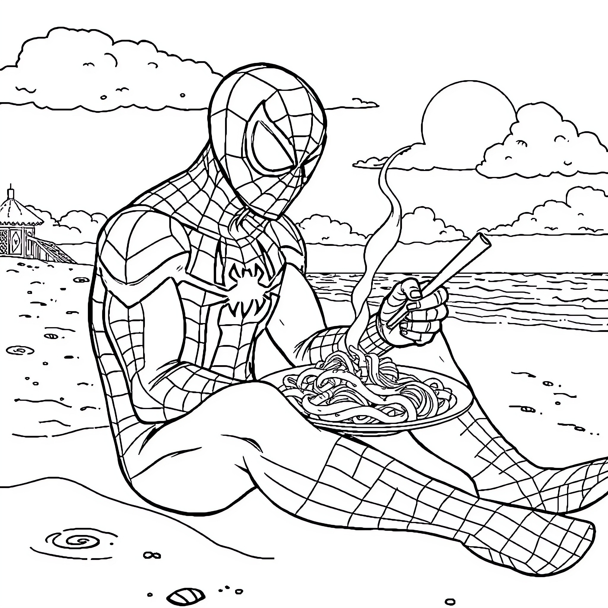 Spiderman enjoying a seafood dinner by the beach Coloring Page (free black-and-white line drawing printable PDF for all, from beginners to advanced learners, including children, teens, adults, and seniors)