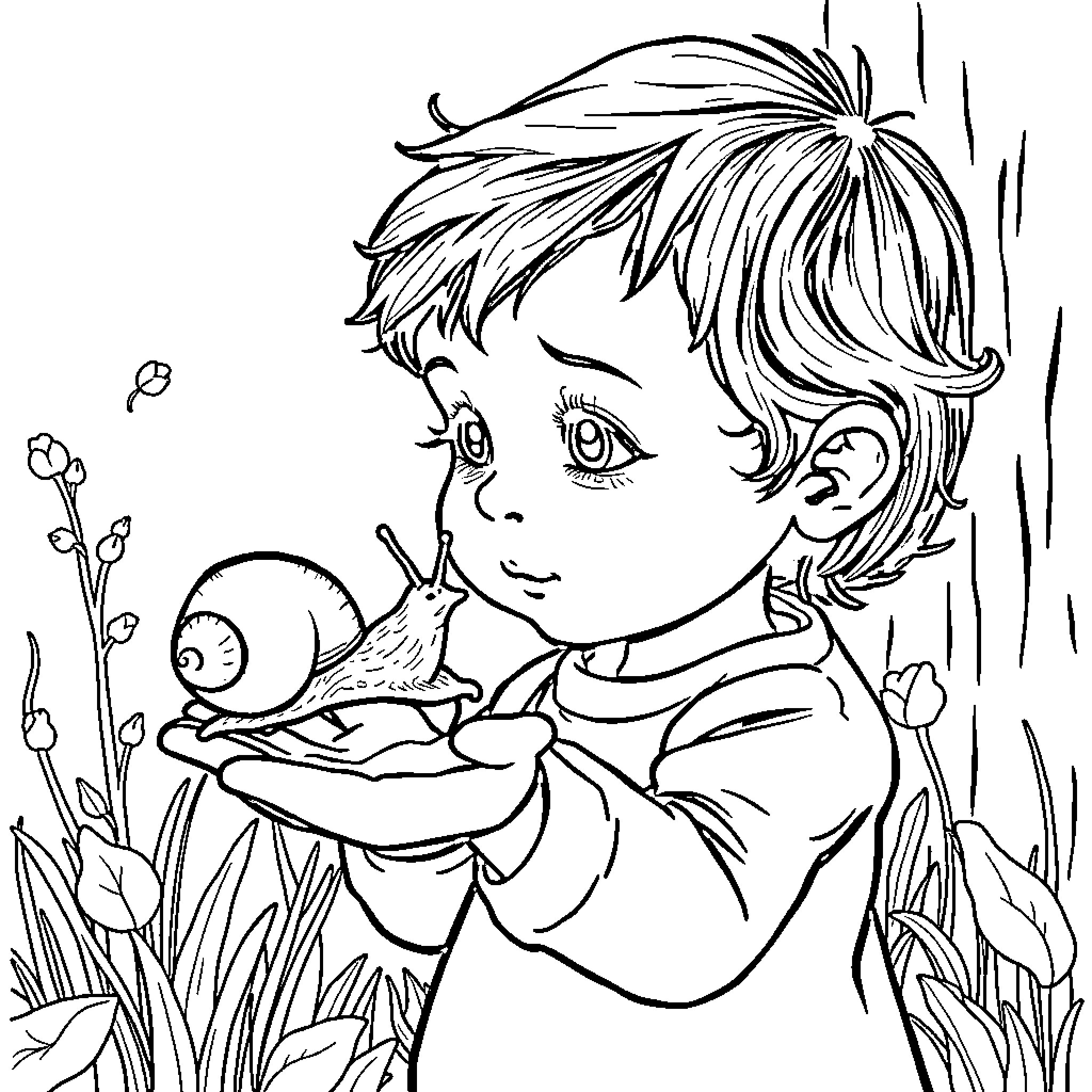 Snail meets curious child in garden Coloring Page (free black-and-white line drawing printable PDF for all, from beginners to advanced learners, including children, teens, adults, and seniors)