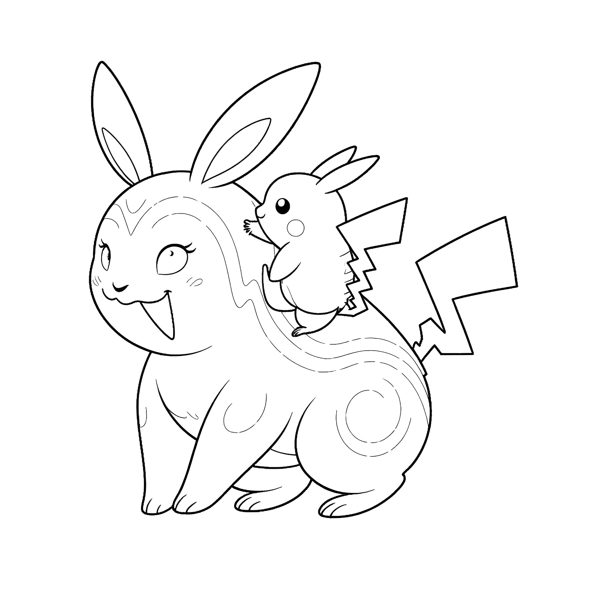 Pikachu and bunny having fun together Coloring Page (free black-and-white line drawing printable PDF for all, from beginners to advanced learners, including children, teens, adults, and seniors)