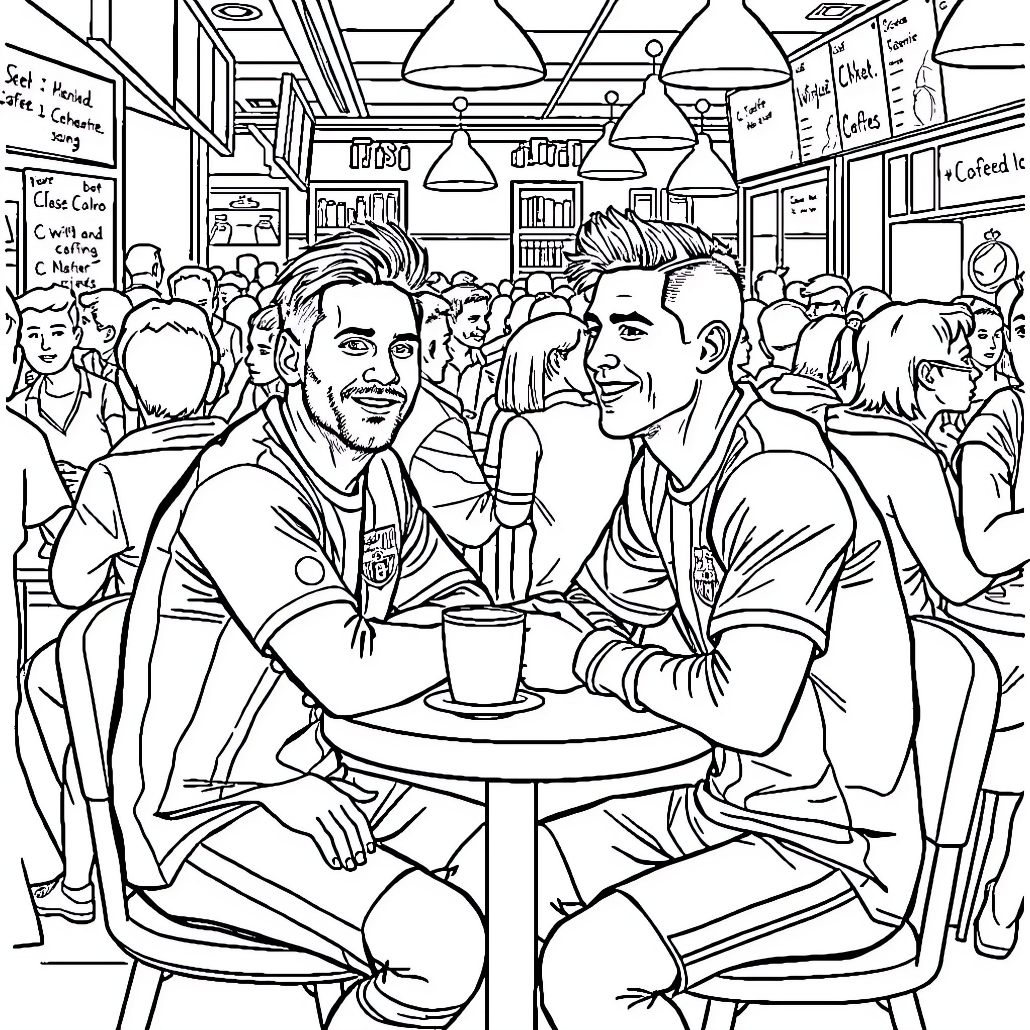 Messi enjoying coffee with friend in crowded cafe Coloring Page (free black-and-white line drawing printable PDF for all, from beginners to advanced learners, including children, teens, adults, and seniors)