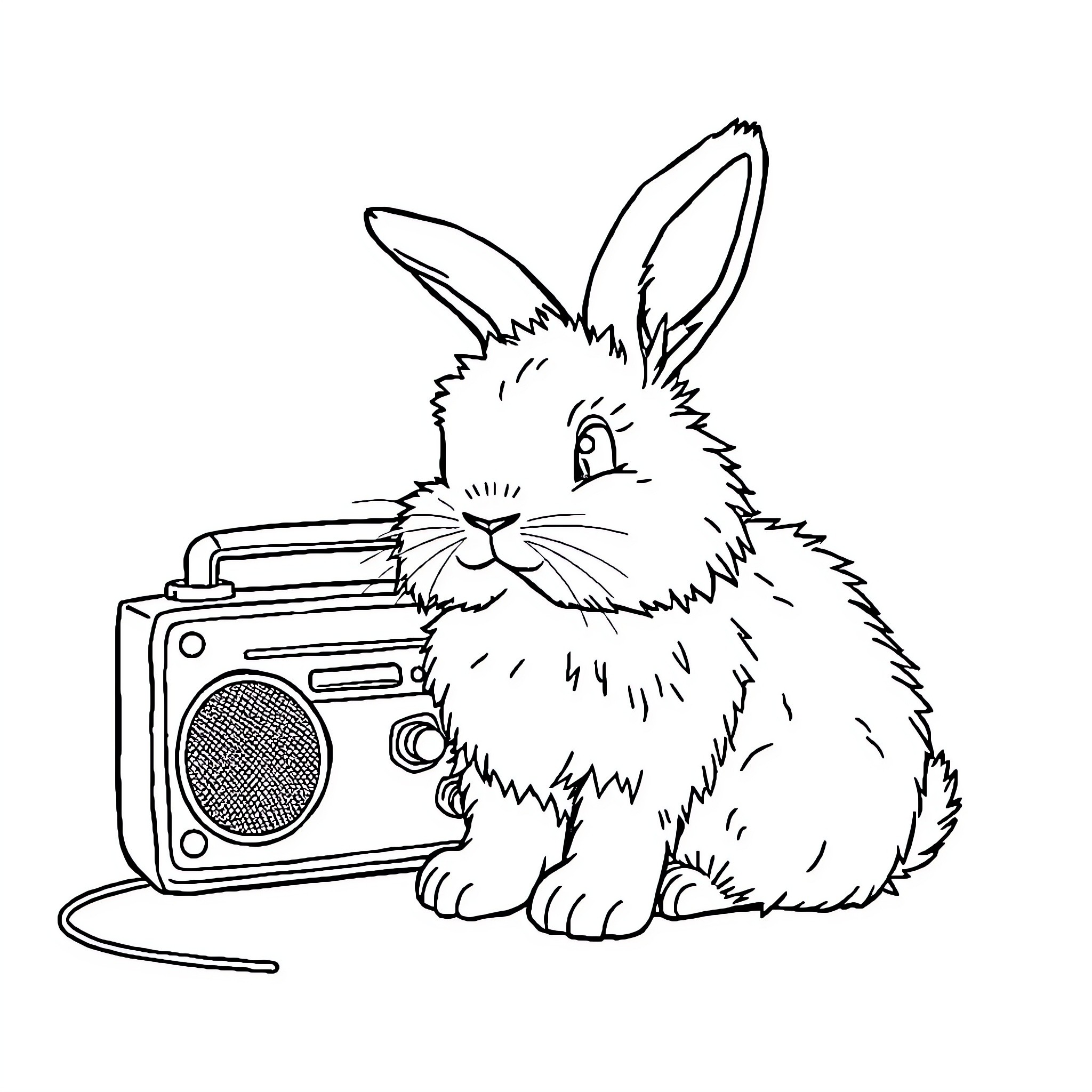 Rabbit listening to music on a boombox Coloring Page (free black-and-white line drawing printable PDF for all, from beginners to advanced learners, including children, teens, adults, and seniors)