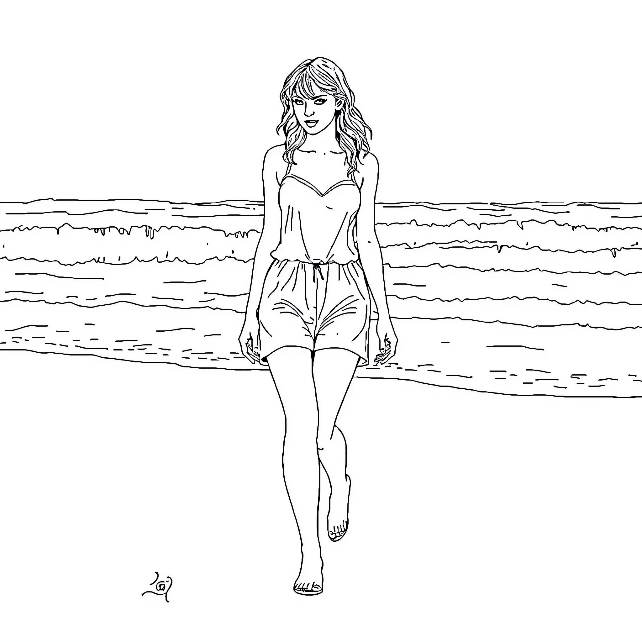 Taylor Swift enjoying a peaceful day by the beach Coloring Page (free black-and-white line drawing printable PDF for all, from beginners to advanced learners, including children, teens, adults, and seniors)