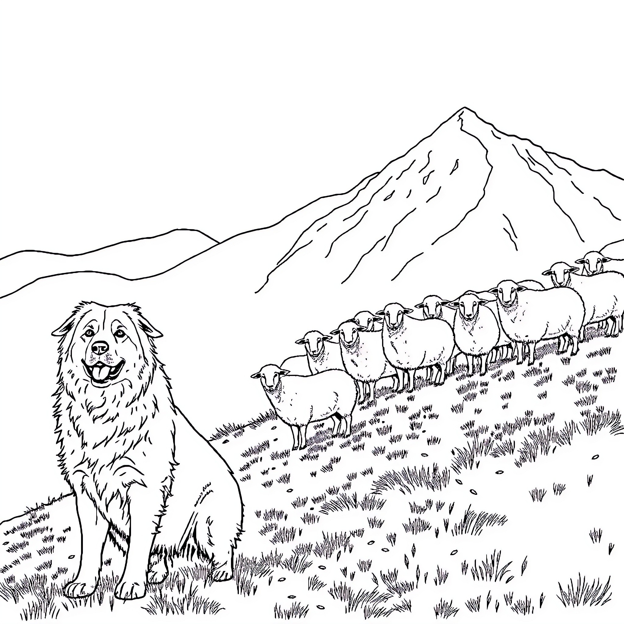 Great Pyrenees guarding flock in mountain landscape Coloring Page (free black-and-white line drawing printable PDF for all, from beginners to advanced learners, including children, teens, adults, and seniors)
