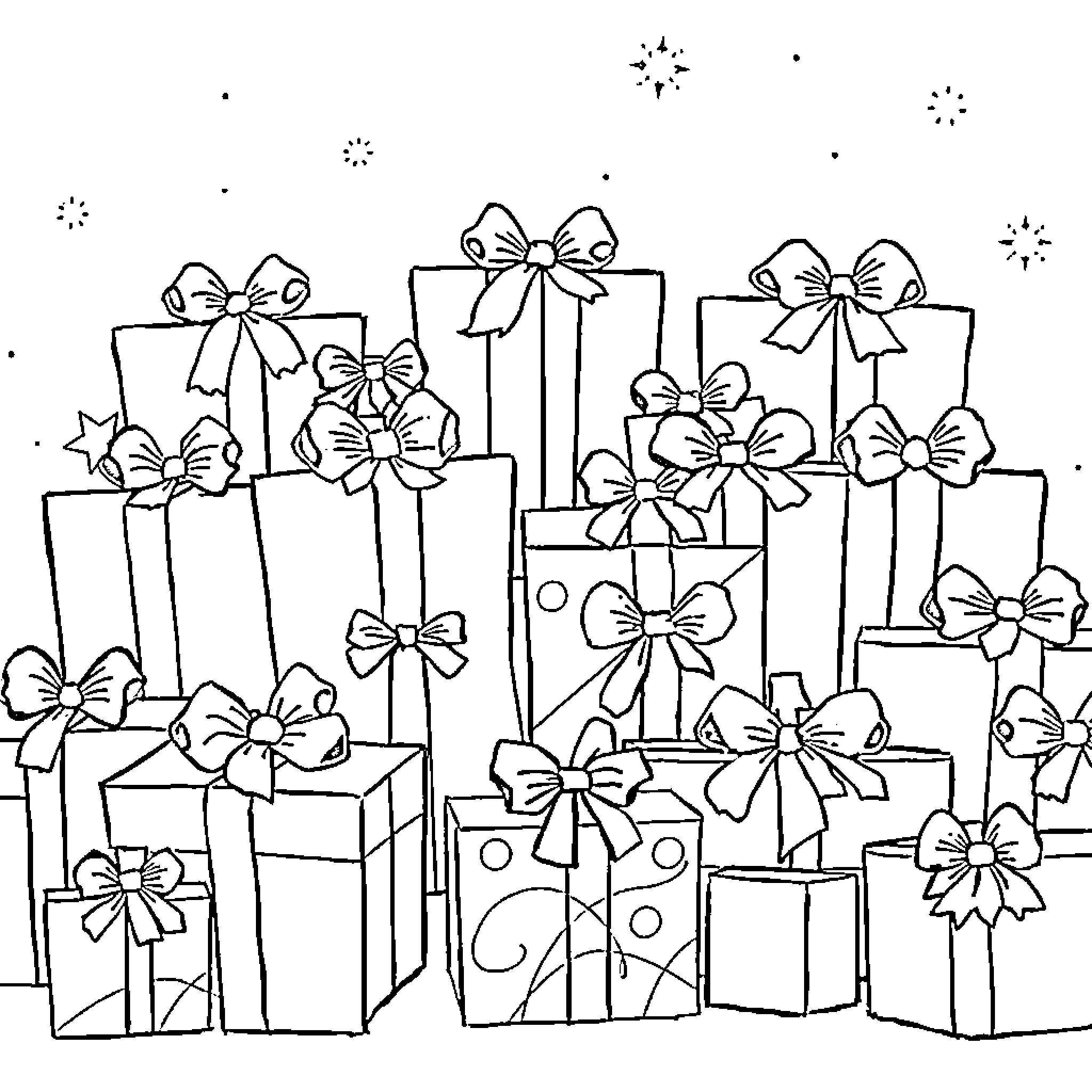 Christmas Present Pile with Festive Bows and Decorations Coloring Page (free black-and-white line drawing printable PDF for all, from beginners to advanced learners, including children, teens, adults, and seniors)