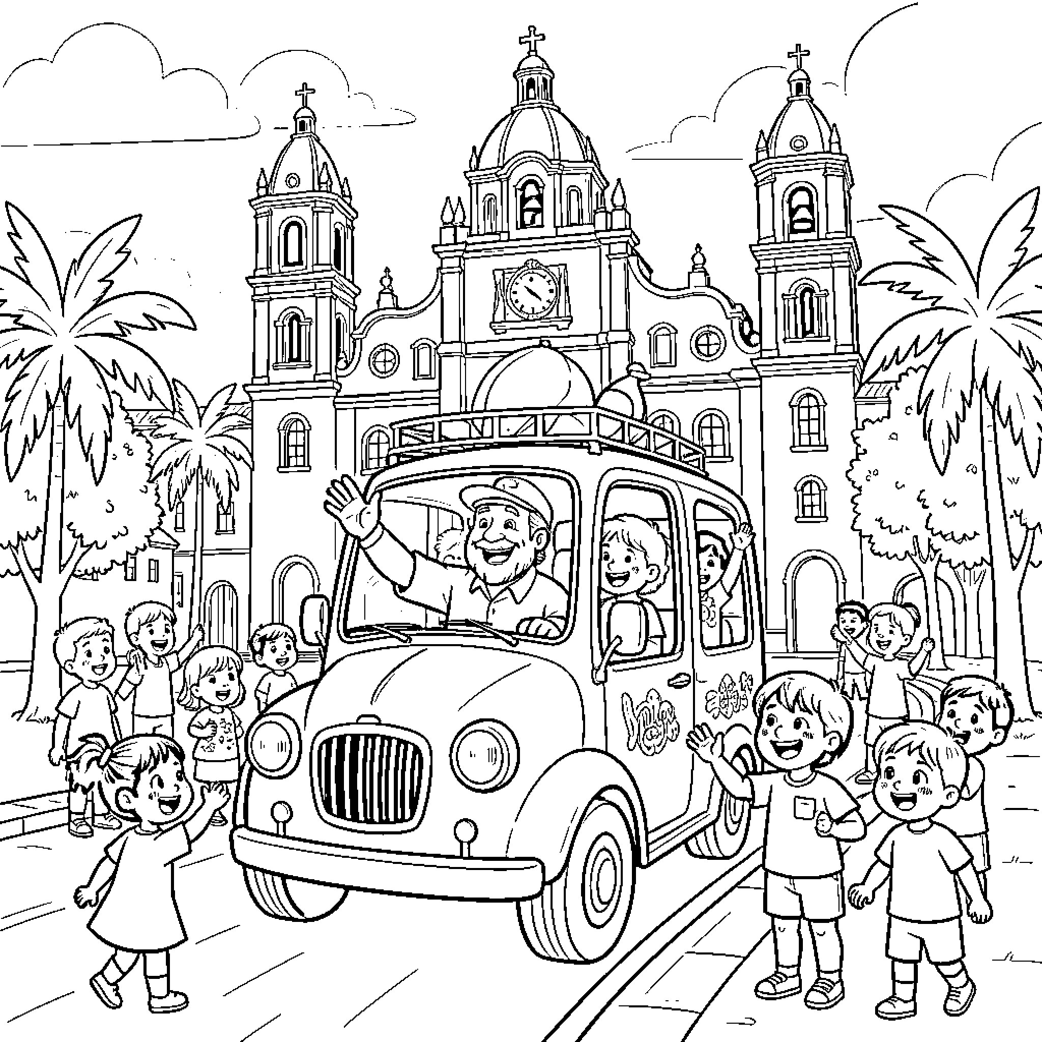 Pope waving to children from a moving vehicle Coloring Page (free black-and-white line drawing printable PDF for all, from beginners to advanced learners, including children, teens, adults, and seniors)