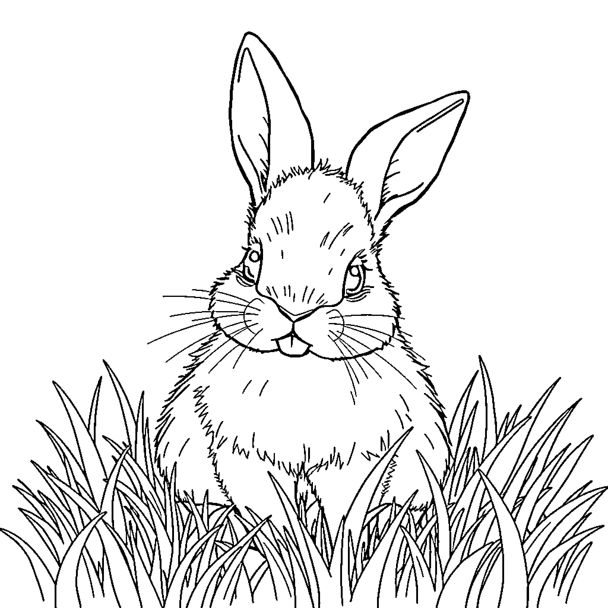 Bunny peeking through the tall grass Coloring Page (free black-and-white line drawing printable PDF for all, from beginners to advanced learners, including children, teens, adults, and seniors)