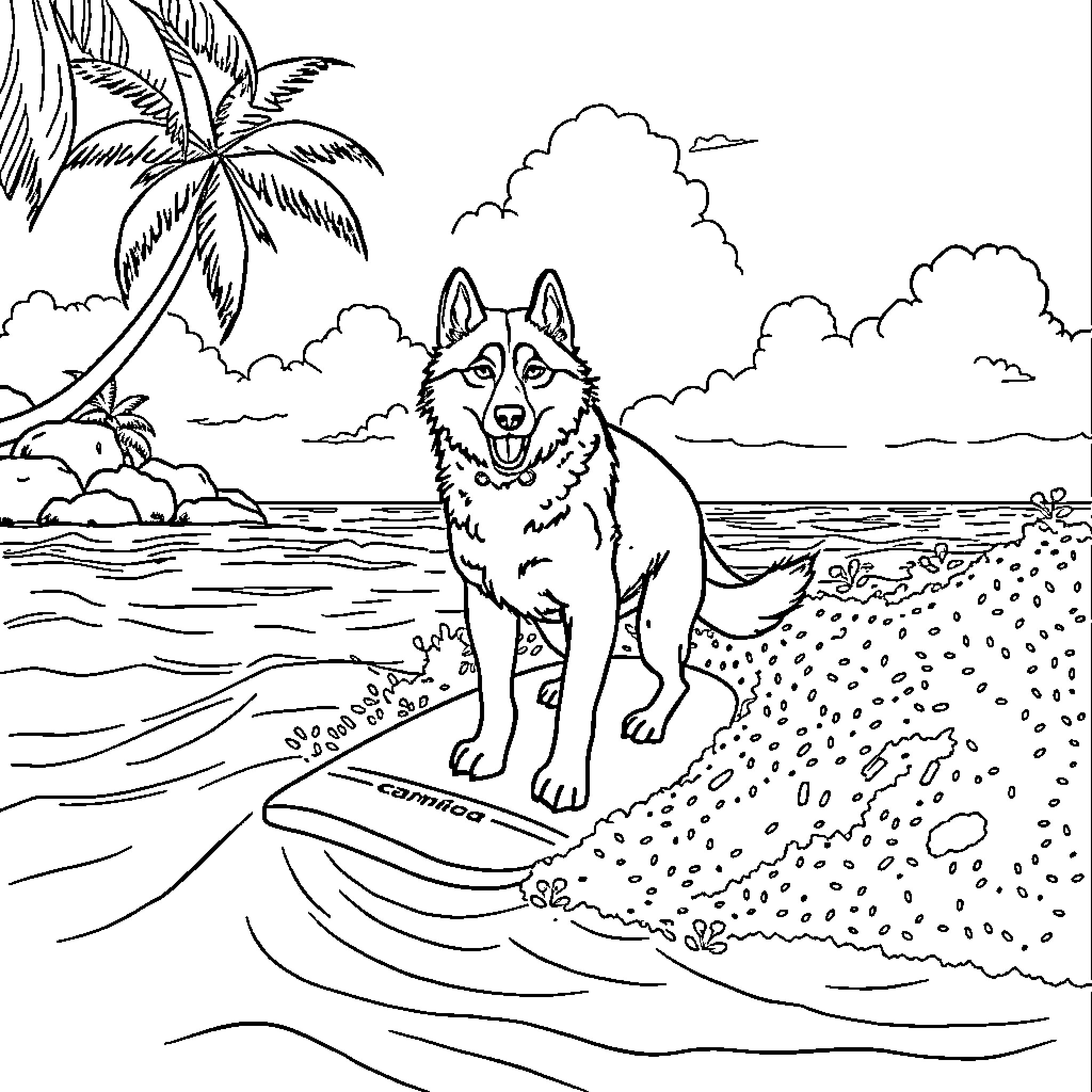 Husky enjoying the beach with palm trees Coloring Page (free black-and-white line drawing printable PDF for all, from beginners to advanced learners, including children, teens, adults, and seniors)