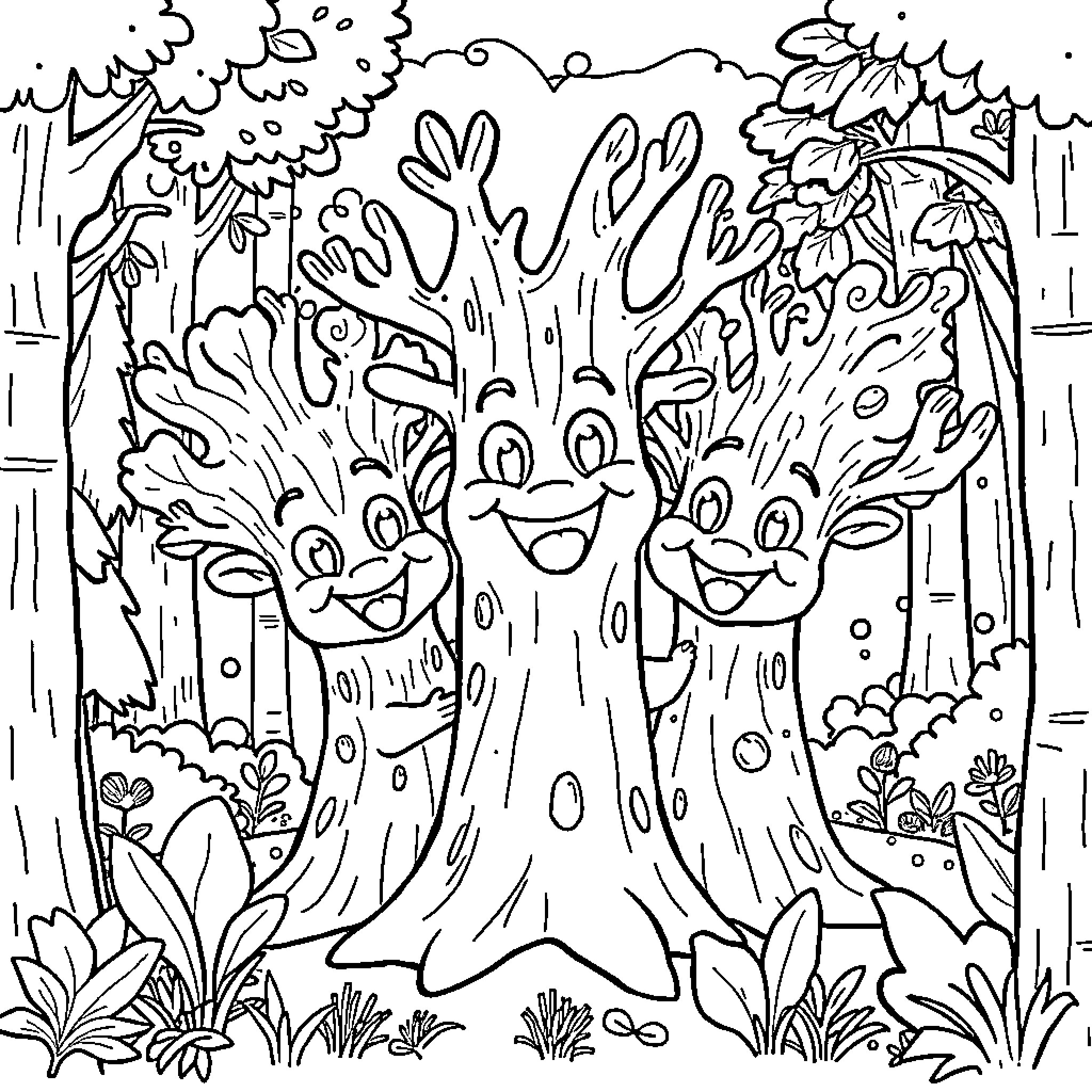 Trees with Friendly Faces in the Forest Coloring Page (free black-and-white line drawing printable PDF for all, from beginners to advanced learners, including children, teens, adults, and seniors)