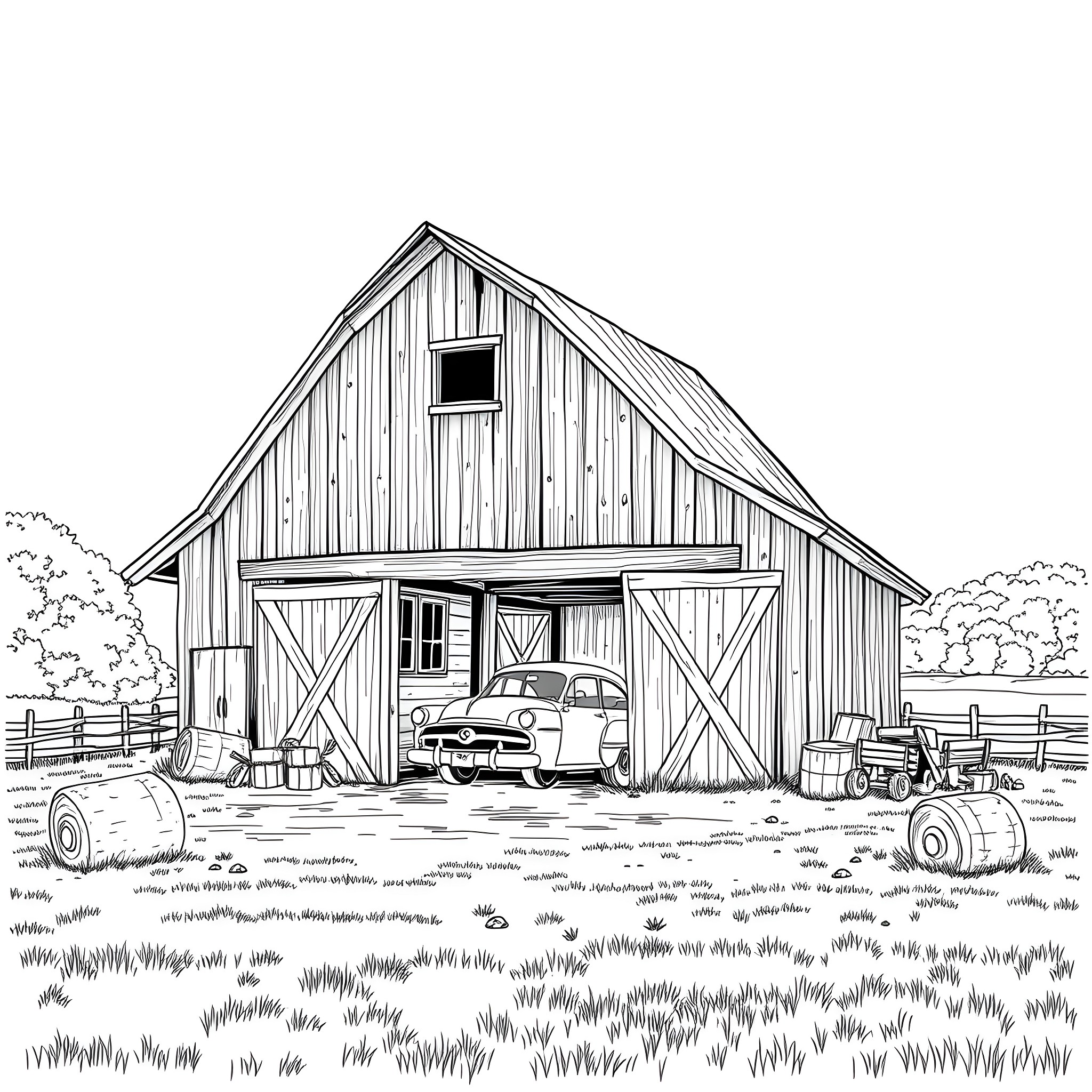Barn Find: Vintage Car Discovered in Rural Farmyard Coloring Page (free black-and-white line drawing printable PDF for all, from beginners to advanced learners, including children, teens, adults, and seniors)