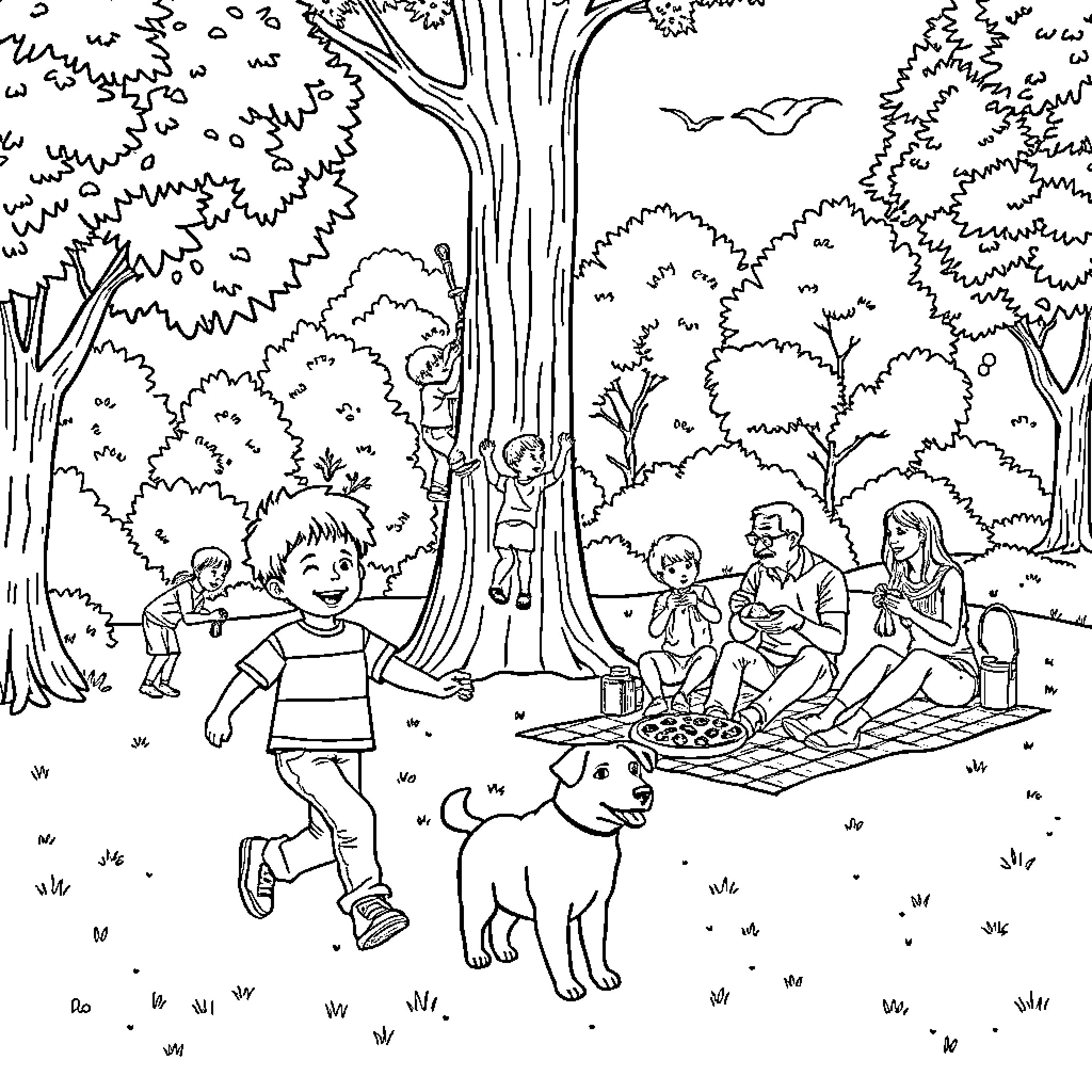 Kid enjoying outdoor picnic with family in the woods Coloring Page (free black-and-white line drawing printable PDF for all, from beginners to advanced learners, including children, teens, adults, and seniors)