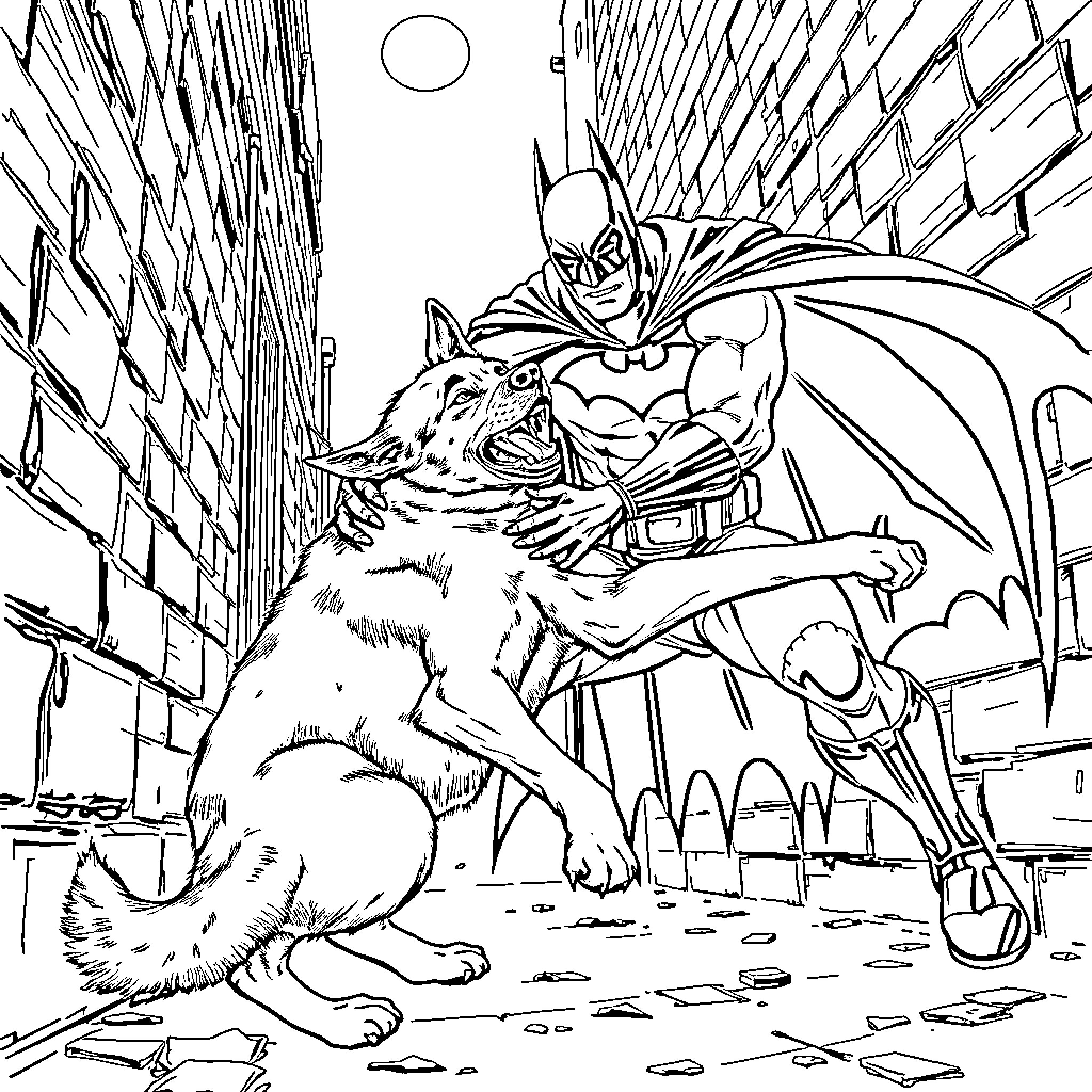 Batman battling a ferocious beast in the city Coloring Page (free black-and-white line drawing printable PDF for all, from beginners to advanced learners, including children, teens, adults, and seniors)