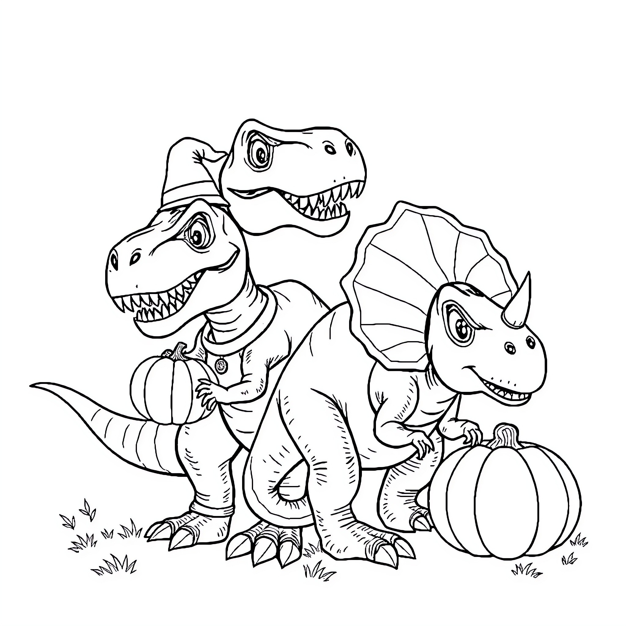 Dinosaurs exploring a pumpkin-filled landscape Coloring Page (free black-and-white line drawing printable PDF for all, from beginners to advanced learners, including children, teens, adults, and seniors)
