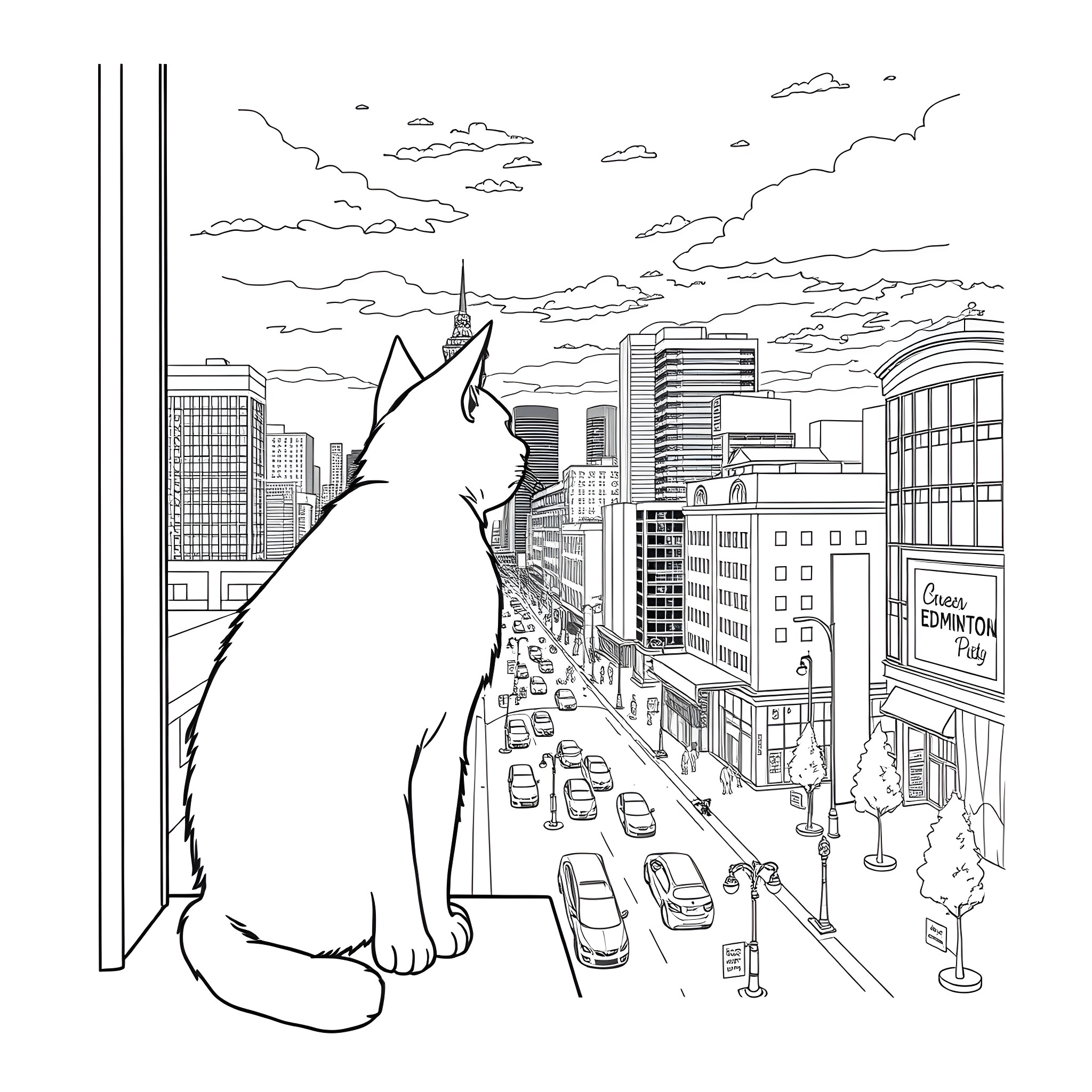 Cat watching the city from a high window Coloring Page (free black-and-white line drawing printable PDF for all, from beginners to advanced learners, including children, teens, adults, and seniors)