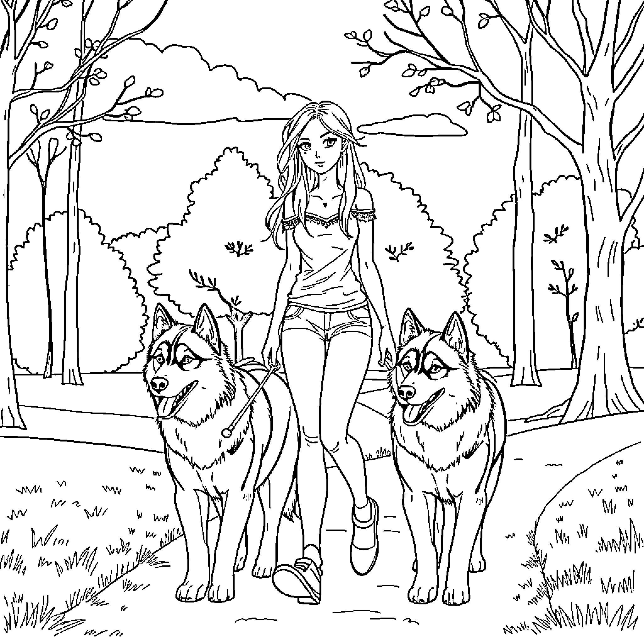 Girl walking with two wolves in the forest Coloring Page (free black-and-white line drawing printable PDF for all, from beginners to advanced learners, including children, teens, adults, and seniors)