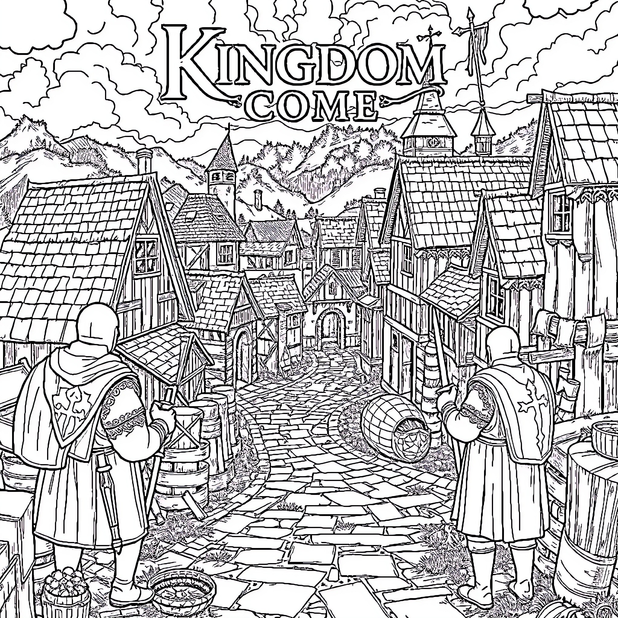 Kingdom Come: Medieval Village Bustling with Activity Coloring Page (free black-and-white line drawing printable PDF for all, from beginners to advanced learners, including children, teens, adults, and seniors)