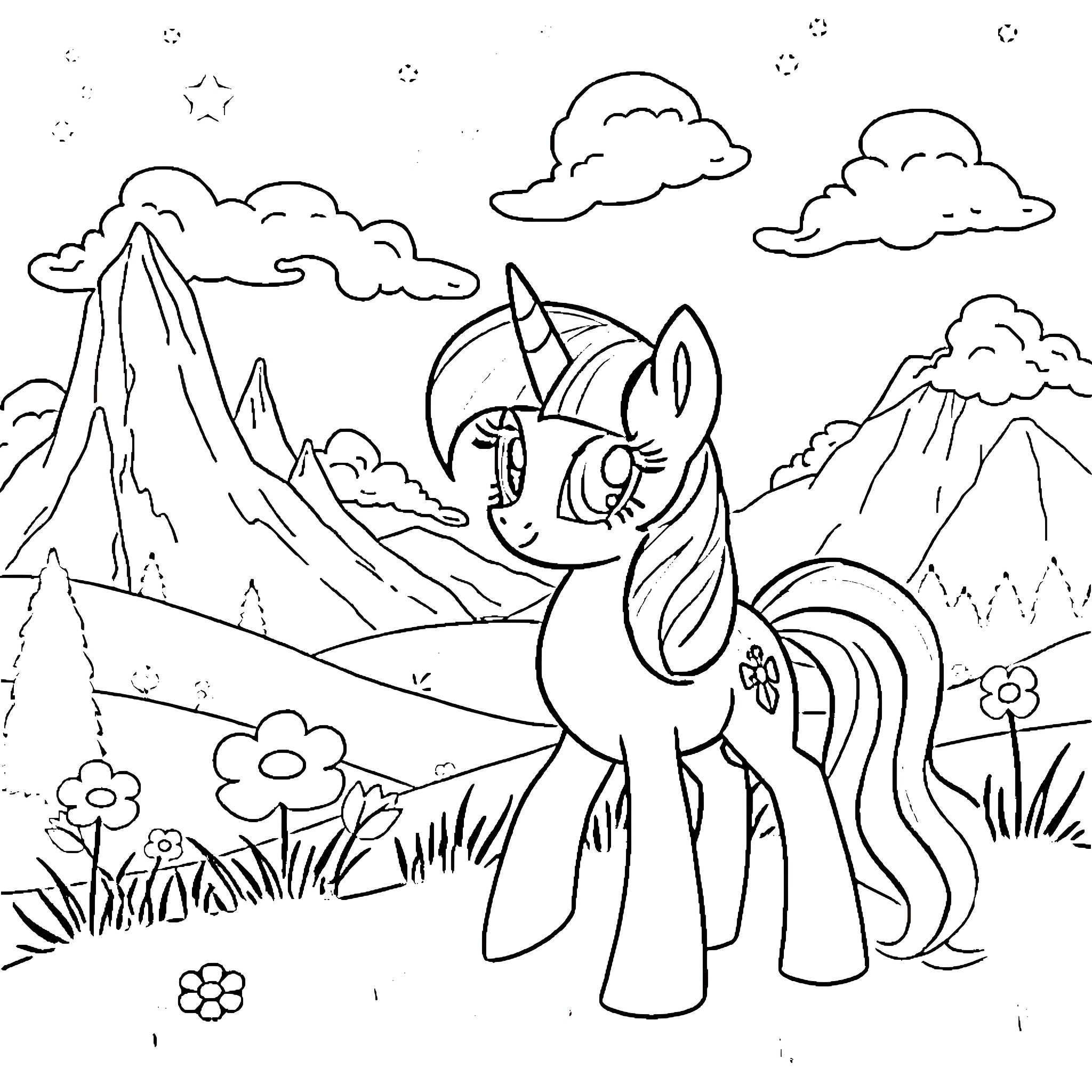 Twilight pony exploring the scenic mountain landscape Coloring Page (free black-and-white line drawing printable PDF for all, from beginners to advanced learners, including children, teens, adults, and seniors)