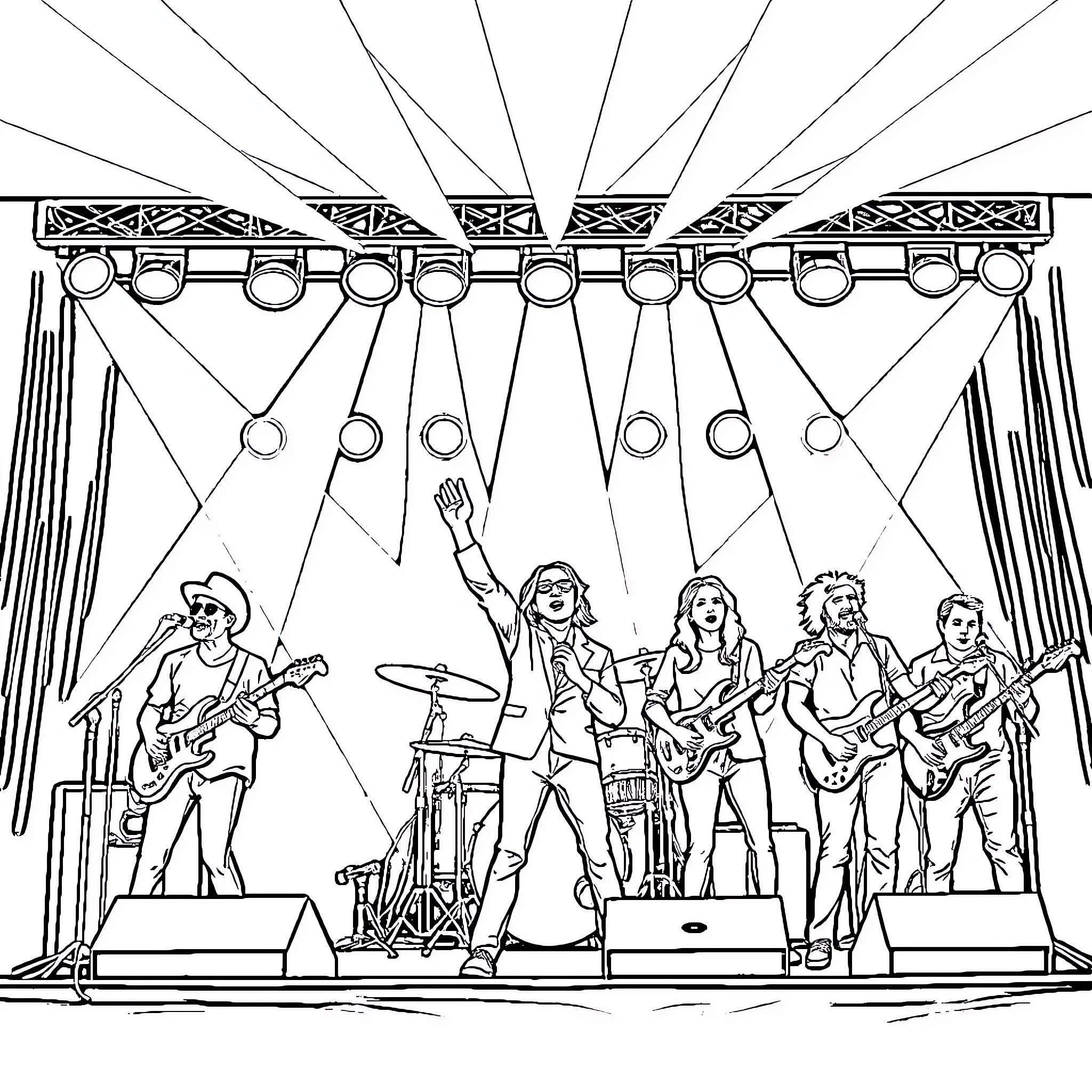 Band Members Performing on a Lighted Stage Coloring Page (free black-and-white line drawing printable PDF for all, from beginners to advanced learners, including children, teens, adults, and seniors)