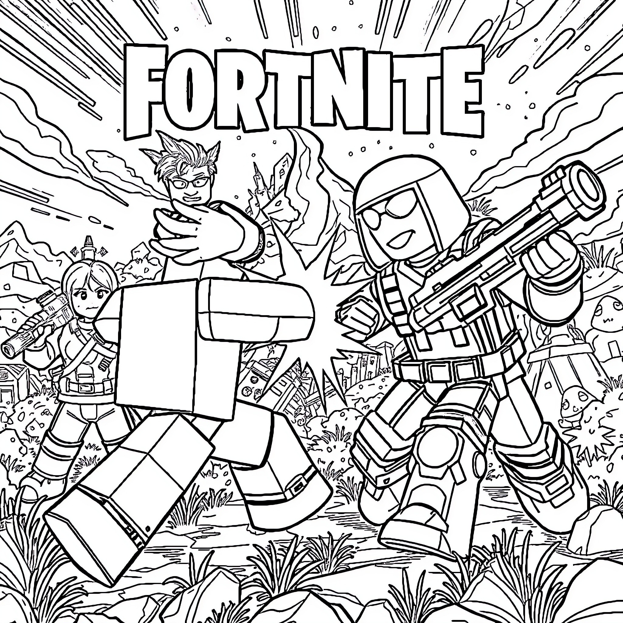 Game Characters in Action-Packed Fortnite Scene Coloring Page (free black-and-white line drawing printable PDF for all, from beginners to advanced learners, including children, teens, adults, and seniors)